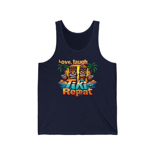 The Tiki Tank Top - Love, Laugh, Tiki Repeat features two smiling tiki statues, palm trees, and colorful text—perfect for showing your love for tiki culture at summer parties.