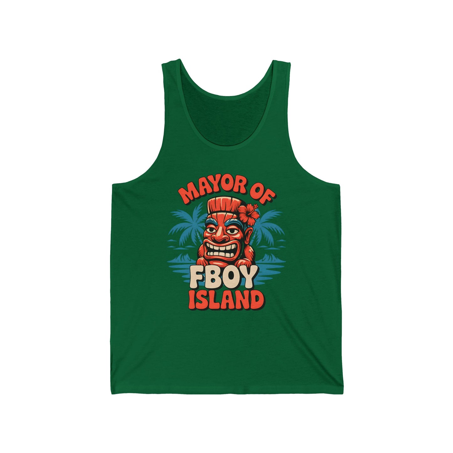 Stay cool in the Mayor of Fboy Island Unisex Jersey Tiki Tank Top—featuring a cartoon tiki face, flowers, palm leaves, and bold lettering. Fun summer vibes perfect for beach days and vacations!.