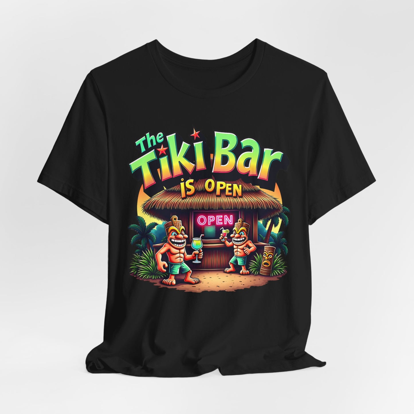 The Tiki Bar Is Open Tiki T-Shirt - Summer Vibes Beachwear: Black unisex tee with a vibrant tiki bar scene, palm trees, and The Tiki Bar is Open text. Made from soft Airlume combed and ring-spun cotton—perfect for summer holidays.