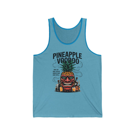 The Pineapple Voodoo Unisex Jersey Tank features a blue color, bold tiki pineapple graphic with bottles, and the phrases PINEAPPLE VOODOO and ONE SIP AND YOU’RE UNDER OUR SPELL”—ideal for beach parties or summer luaus.