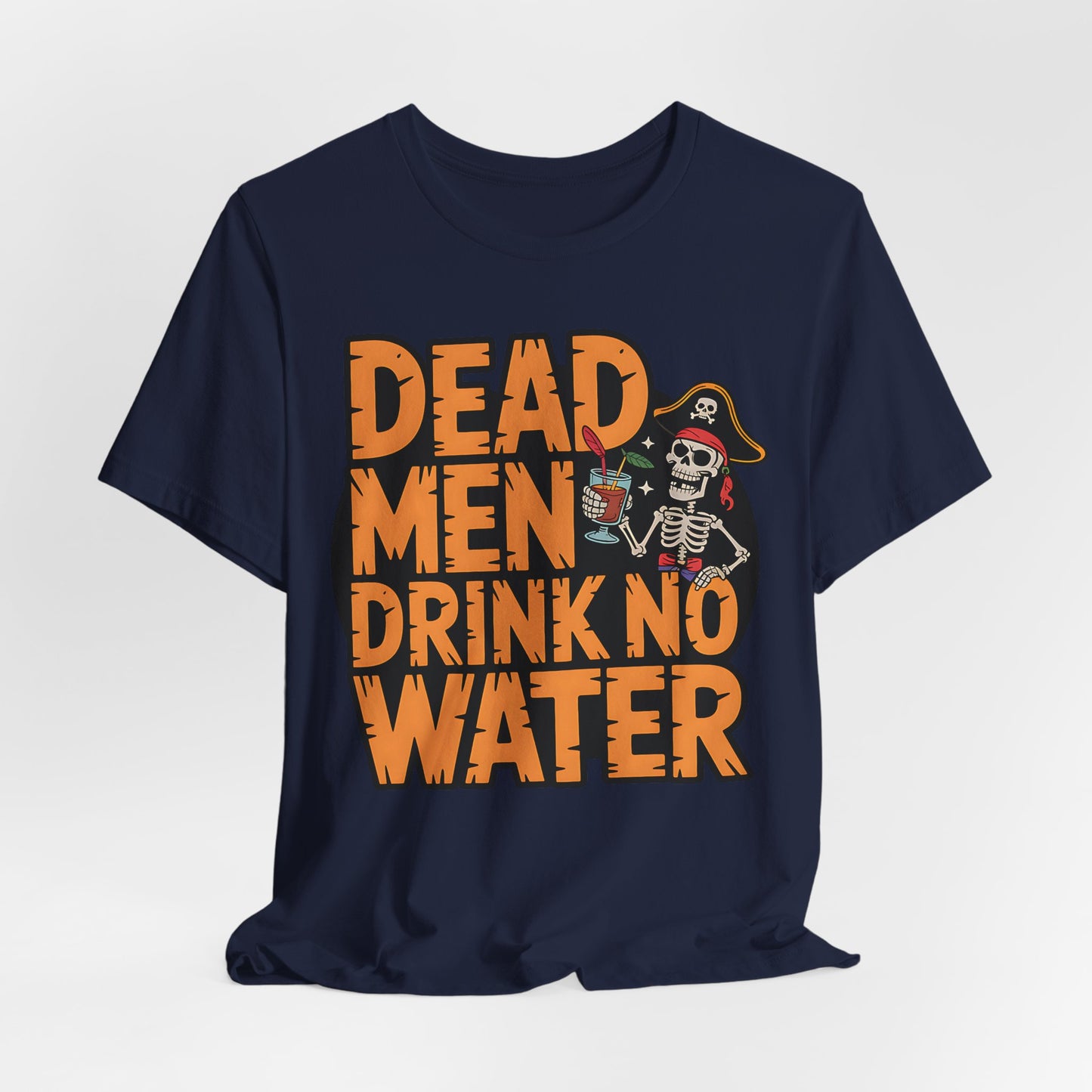 Navy blue t-shirt with orange text and skeleton graphic on a white background