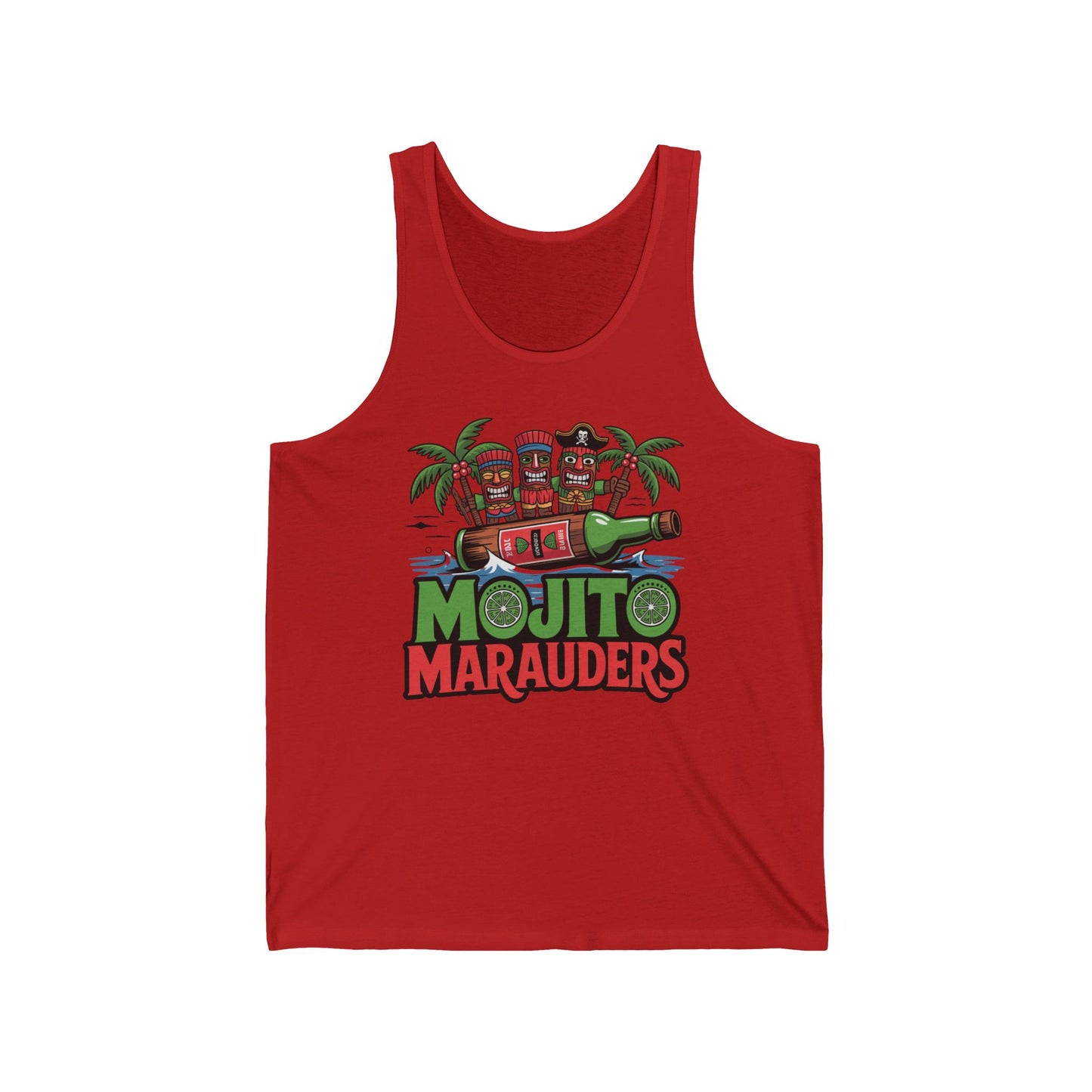 The Mojito Marauders Unisex Jersey Tiki Tank Top features tiki mugs, a bottle, palm trees, and Mojito Marauders in green and red—lightweight and breathable for a tropical summer vibe.