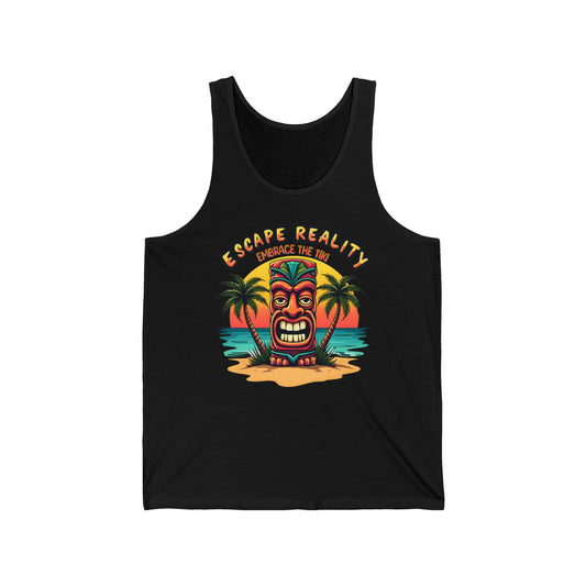 The Escape Reality Unisex Jersey Tiki Tank Top—Tropical Beach Vibe—features a vibrant tiki face, palm trees, and ocean waves with “Escape Reality” above and “Embrace the Tiki” below. Perfect for energizing your summer wardrobe.