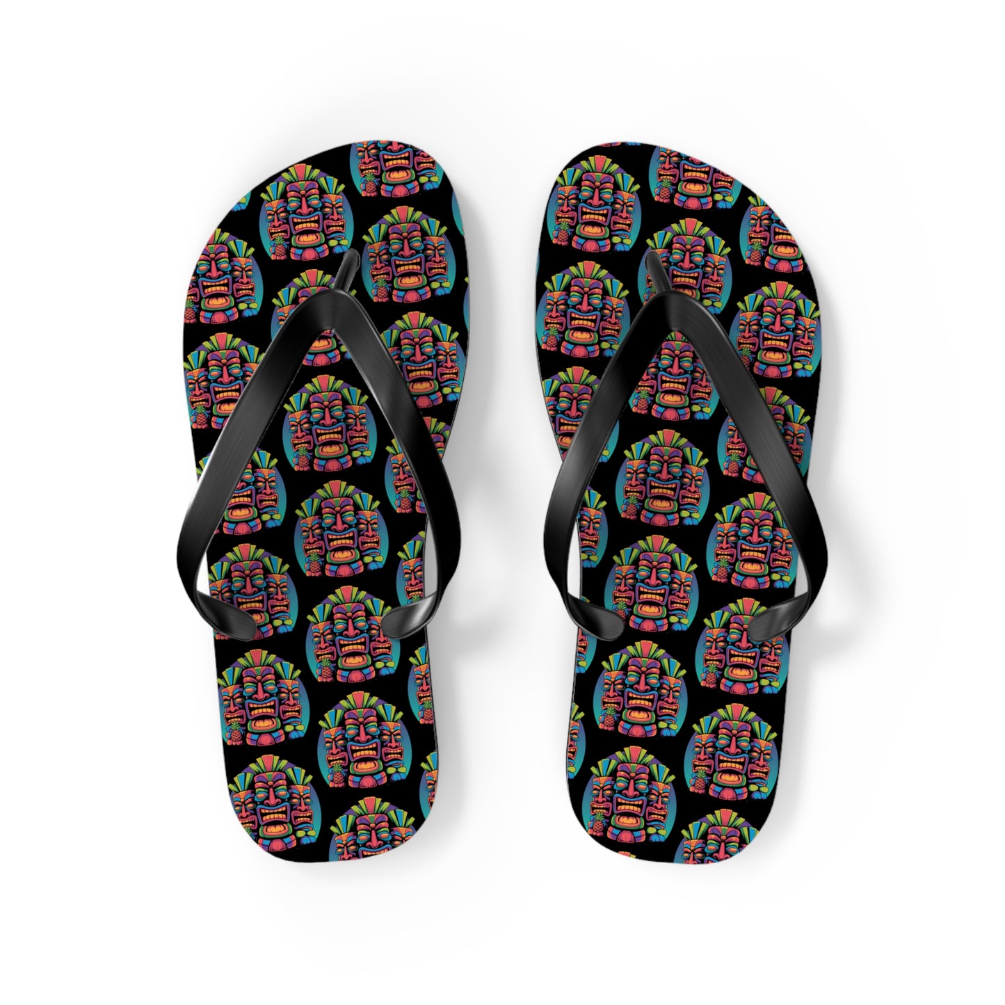 Tropical Pineapple Flip Flops - Fun Summer Footwear, featuring a black base with a vibrant pineapple and leaf pattern, displayed on a white background—ideal summer accessories for beach lovers.