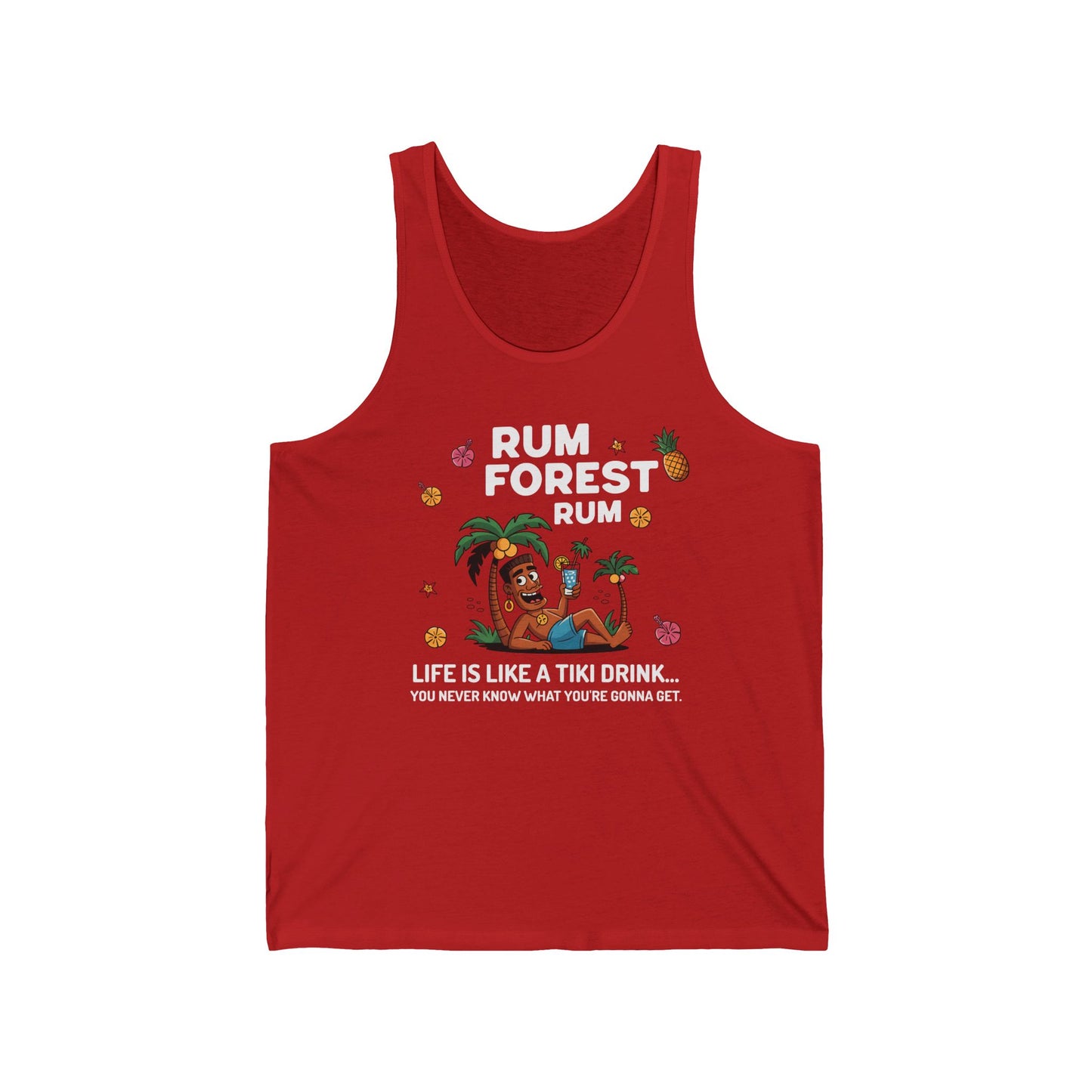 The Rum Forest Jersey Tiki Tank Top - Life is Like a Tiki Drink features a cartoon coconut drink under palm trees, pineapples, flowers, and the playful RUM FOREST RUM quote on lightweight, comfy fabric.