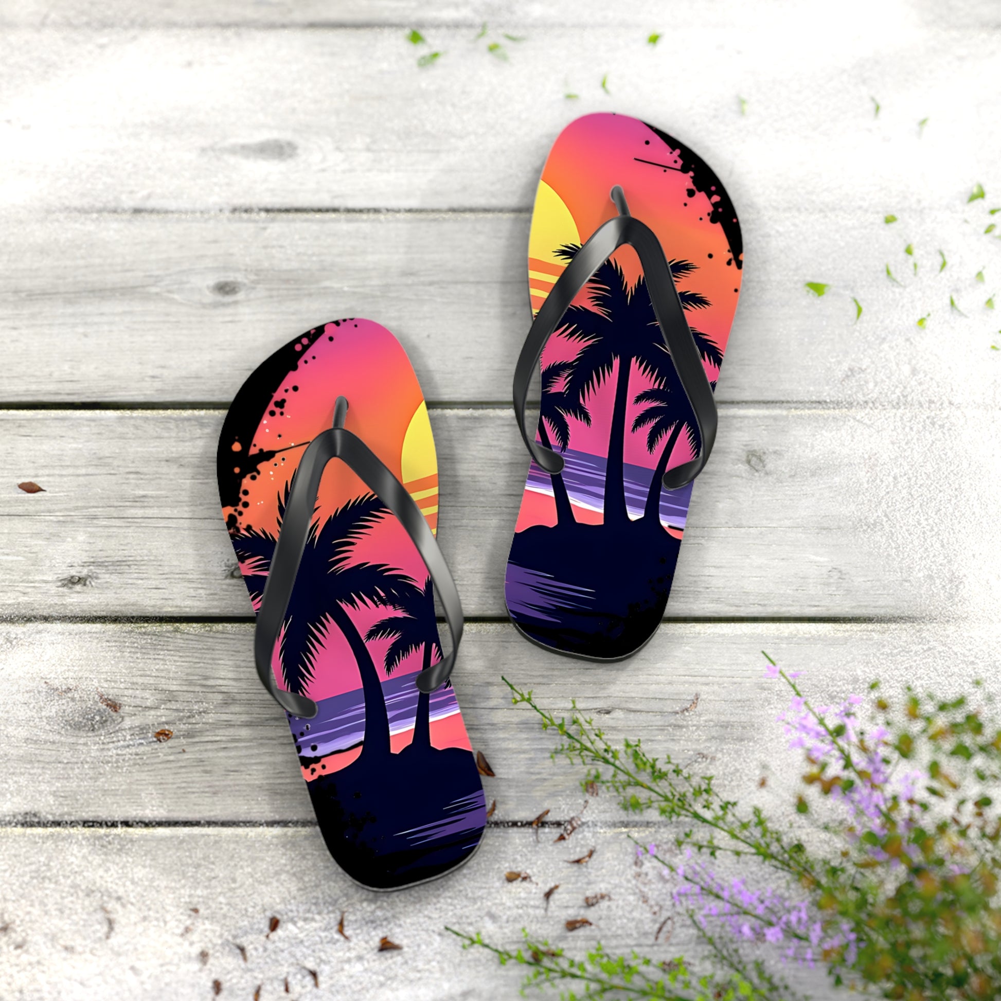 Tropical Sunset Flip Flops – Beach Vibes Sandals for Summer Fun, featuring a palm tree sunset design, rest on a light wooden surface with scattered leaves and small purple flowers along the edge—perfect summer footwear.
