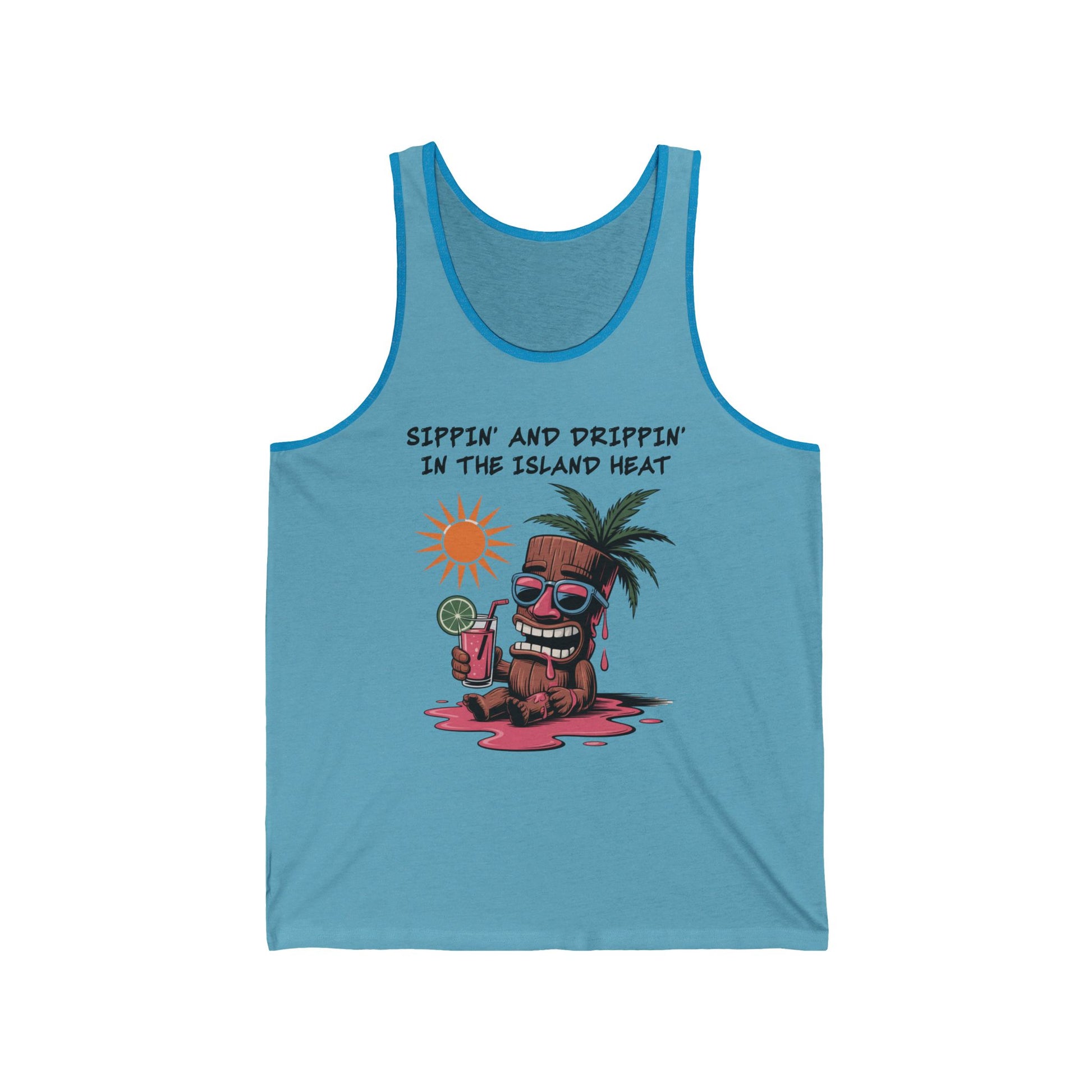 The Tropical Vibes Tank Top - Sippin and Drippin in the Island Heat Unisex features a light blue jersey with a cartoon tiki head in sunglasses, palm tree, drink, and pink puddle—ideal for summer parties or tropical getaways.