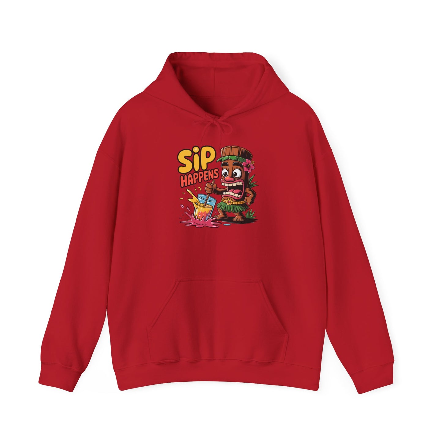 The Sip Happens Hooded Sweatshirt is a fun unisex hoodie with vibrant cartoon tiki graphics and bold yellow SIP HAPPENS text—perfect for relaxed, casual hangouts.