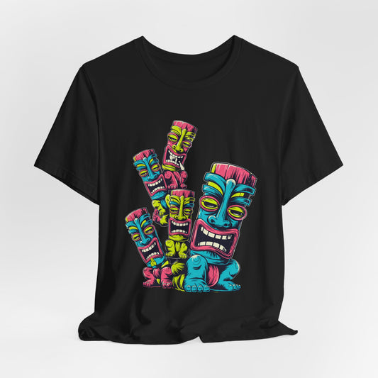 The Vibrant Tiki Art Unisex Jersey Tiki T-Shirt showcases five colorful stacked tiki masks in blue, yellow, pink, and green on a black tee, printed with vivid DTG technology for a bold and fun casual style.