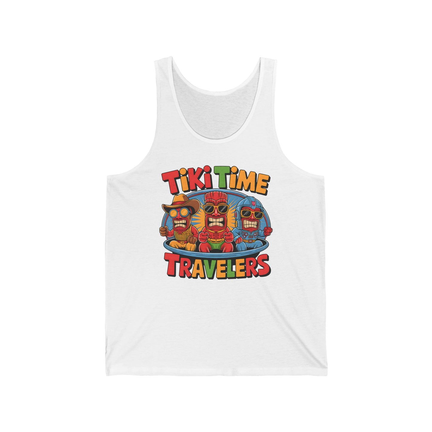 The Tiki Time Travelers Unisex Jersey Tiki Tank Top features three vibrant tiki heads in sunglasses and hats, with bold “Tiki Time Travelers” text—perfect for a fun summer vacation look.