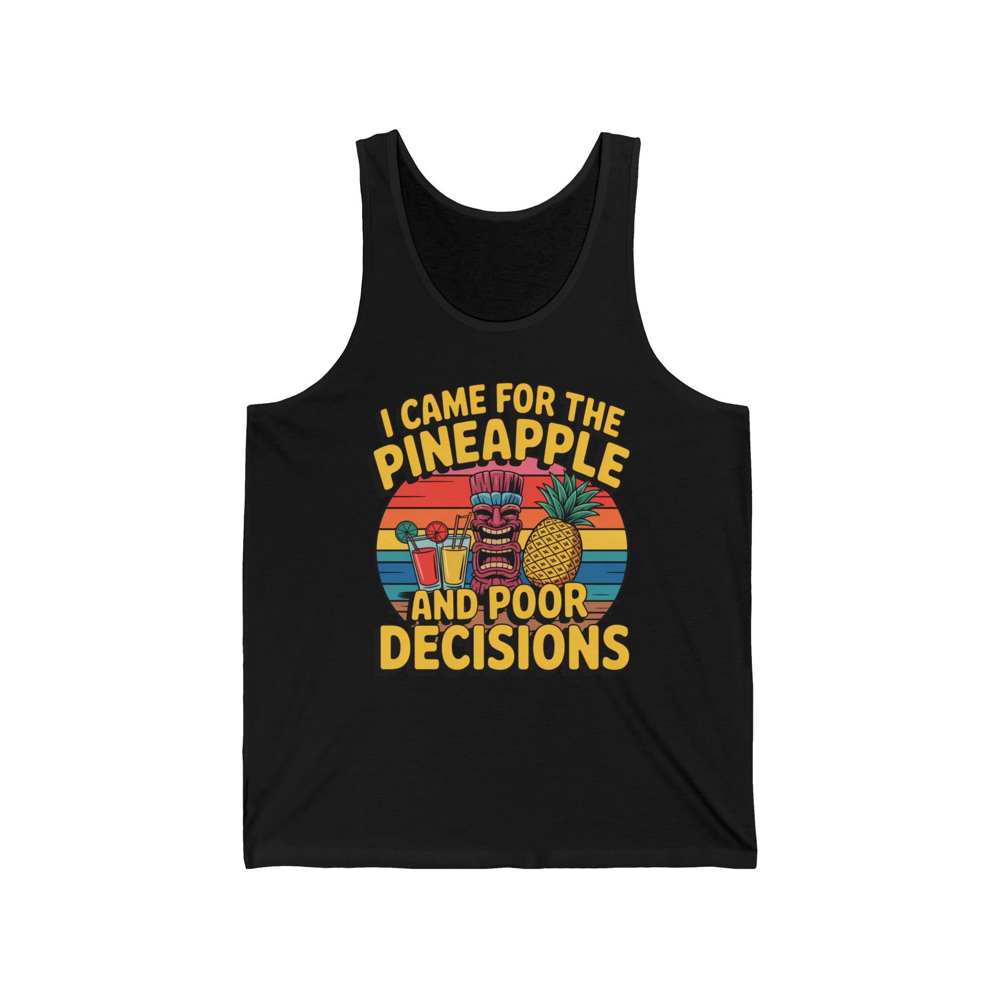 The I Came for the Pineapple Tank Top is a black unisex jersey with a colorful retro sunset, tiki figure, pineapple, cocktails, and bold yellow text—perfect for summer adventures and a laid-back tropical vibe.