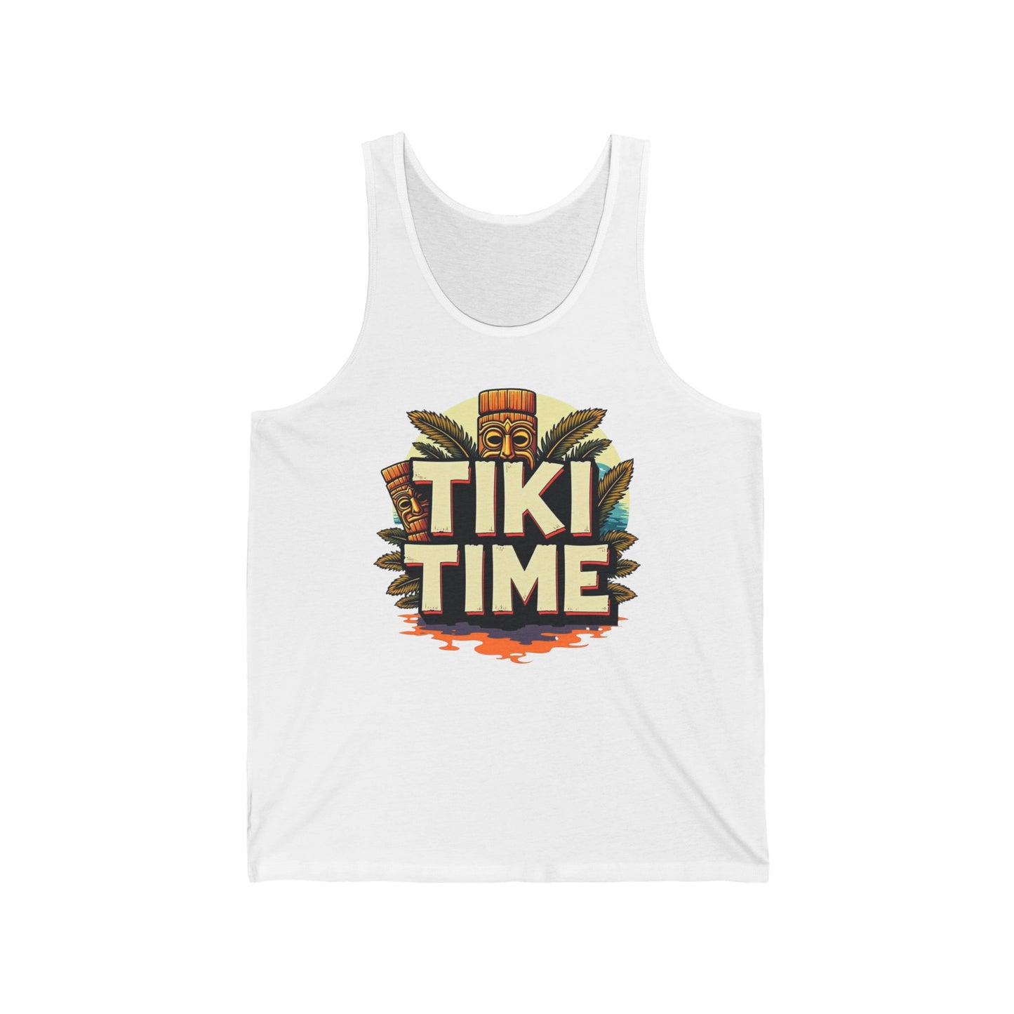 The Tiki Time Unisex Jersey Tiki Tank Top features a vibrant tiki statue and palm leaves graphic with bold Tiki Time text—ideal for capturing summer vibes and perfect for tropical celebrations or casual wear.