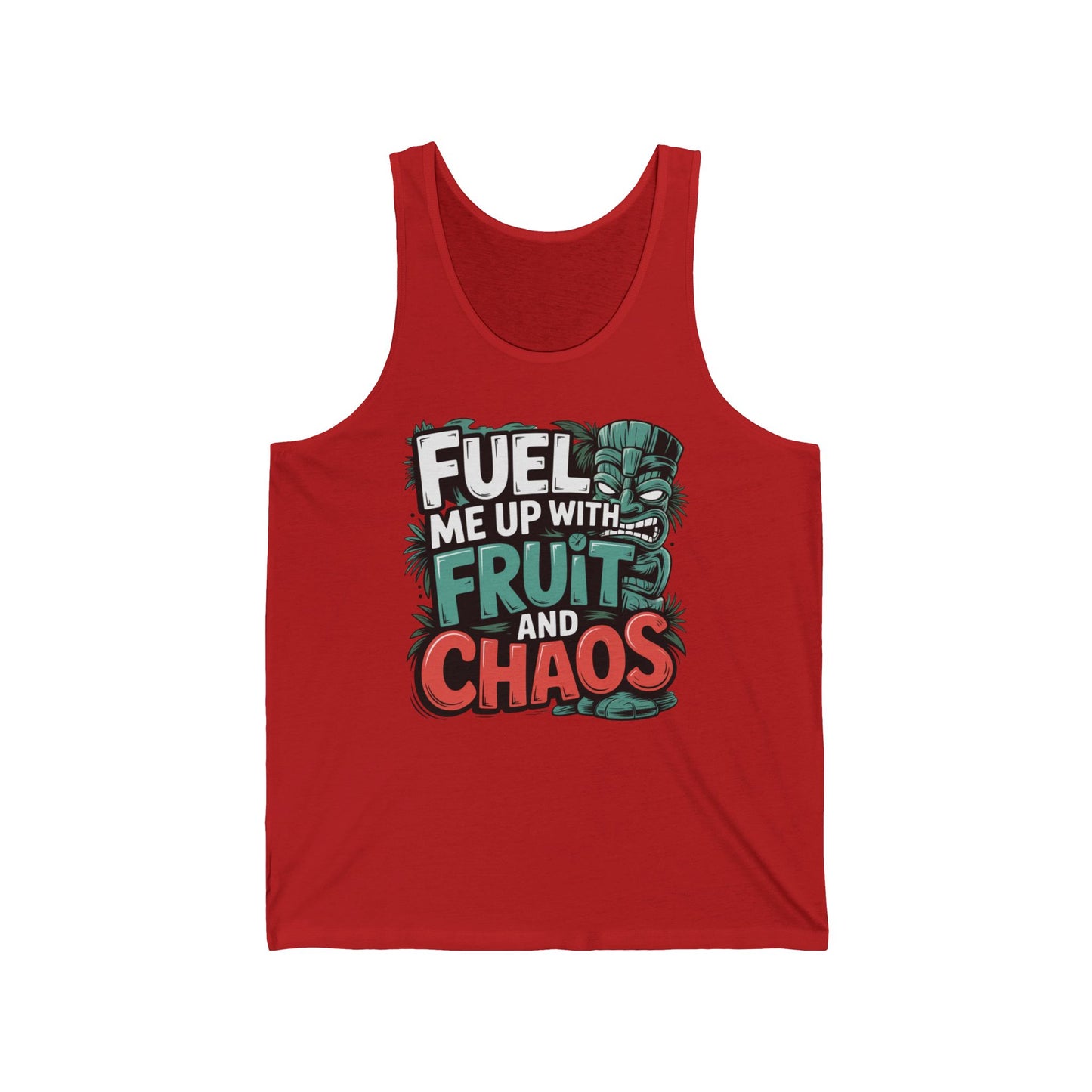 The Fuel Me Up with Fruit and Chaos-Tiki Tank Top is a unisex top with bold, colorful lettering and a tiki mask graphic—a fruity, vibrant design that captures summer vibes.