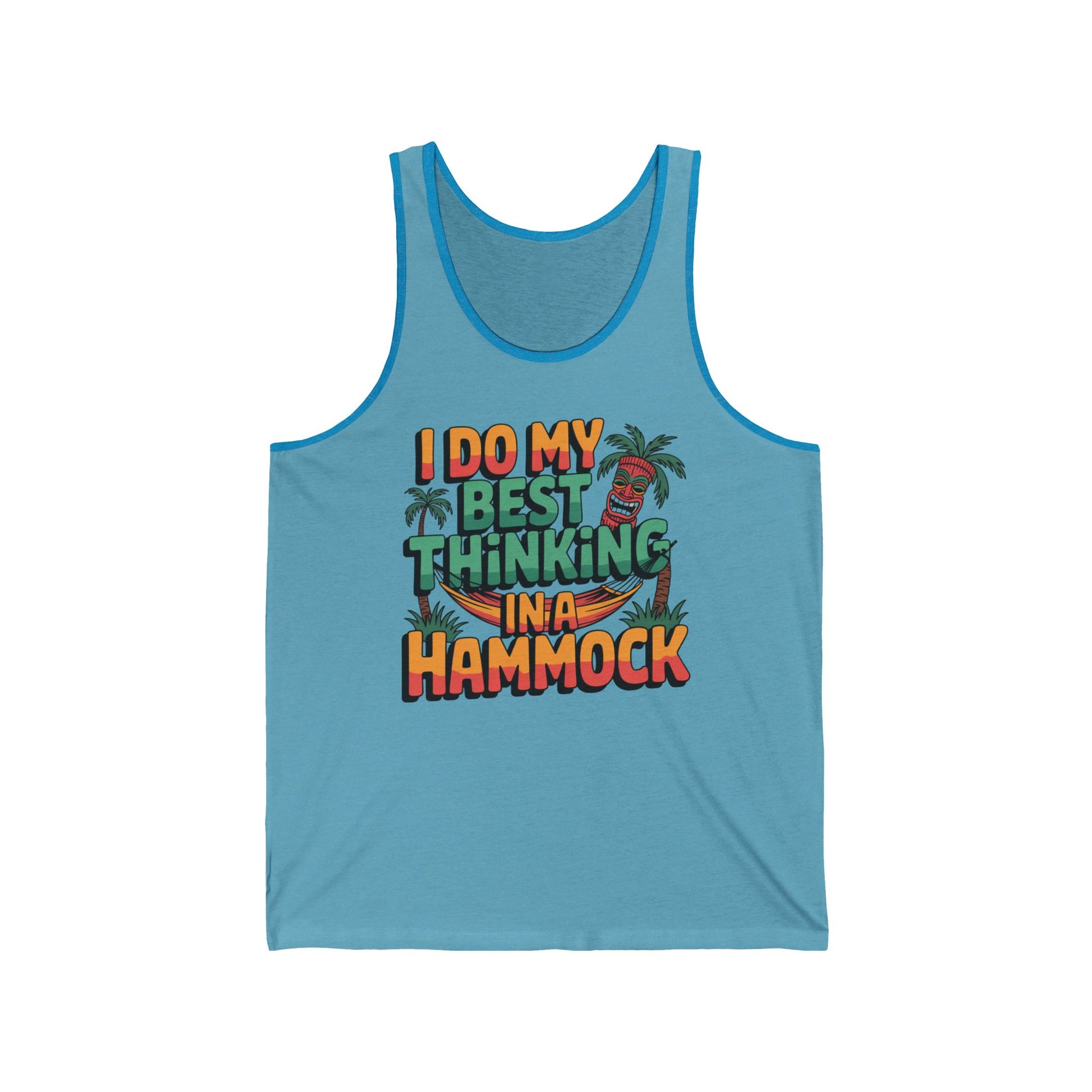 The Tiki Tank Top - Relaxed Tropical Vibe features a light blue design with colorful I do my best thinking in a hammock text, palm trees, leaves, and a red hammock—perfect for your next tropical getaway.