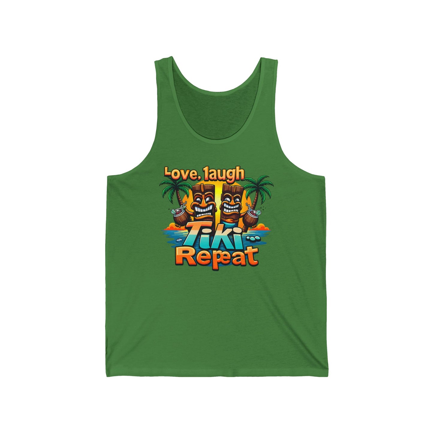 Tiki Tank Top - Love, Laugh, Tiki Repeat features two vibrant tiki statues with palm trees and water, plus playful Love, Laugh, Tiki Repeat text—perfect for adding tropical flair to summer parties.