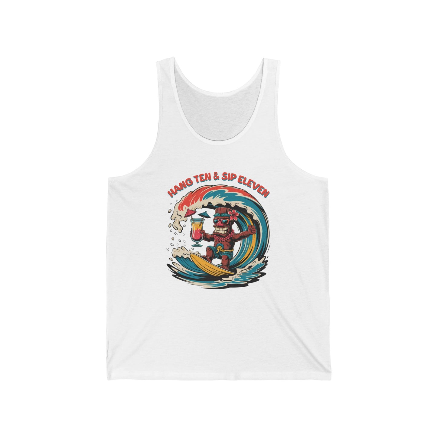 The Hang Ten and Sip Eleven- Tiki Tank Top is a white unisex jersey featuring a cartoon monkey surfing with a drink and “Hang Ten & Sip Eleven” above the vibrant print on soft Airlume combed cotton.