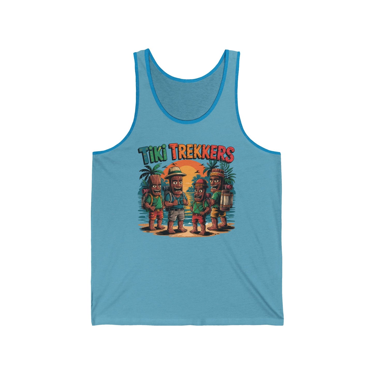 The Tiki Trekkers Unisex Jersey Tank Top showcases four explorer tiki characters, palm trees, and a sunset, with Tiki Trekkers above—ideal for summer adventures or beach days.