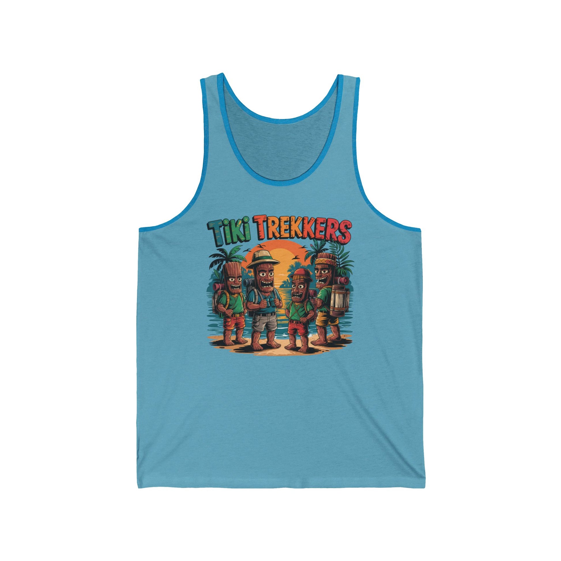 The Tiki Trekkers Unisex Jersey Tank Top showcases four explorer tiki characters, palm trees, and a sunset, with Tiki Trekkers above—ideal for summer adventures or beach days.