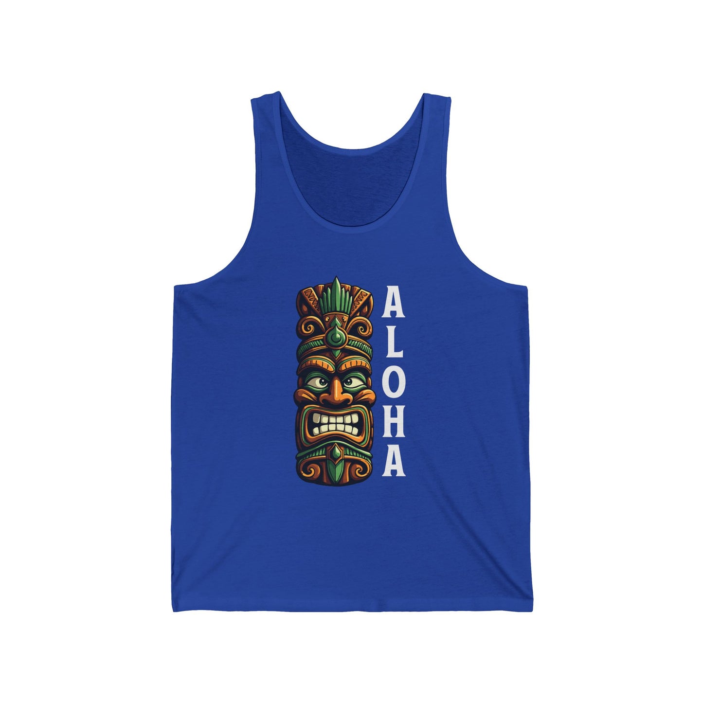 The Aloha Tiki Tank Top - Unisex Jersey Tank with Vibrant Hawaiian Design features a colorful tiki mask and white ALOHA text, adding tropical Hawaiian style to your wardrobe.