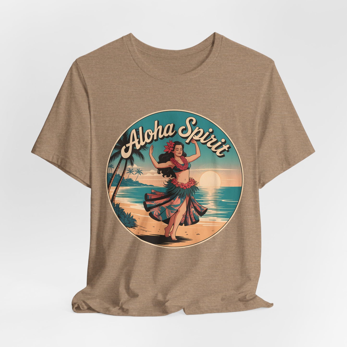 Aloha Spirit Graphic T-Shirt – Hula Dancer T-Shirt features a circular beach sunset design with a hula dancer, palm trees, ocean waves, and “Aloha Spirit” in bold—perfect for island dreamers.
