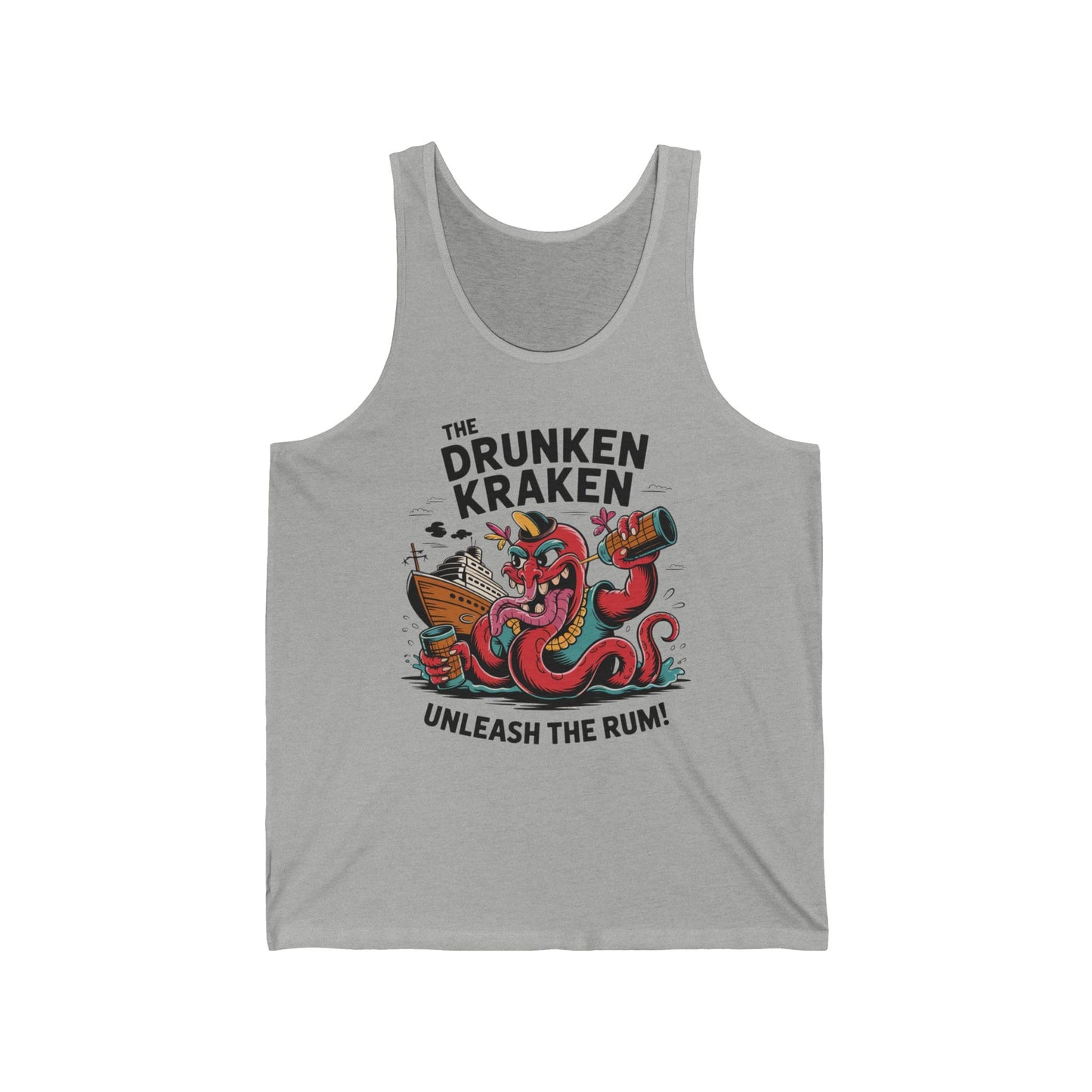 Stay cool in the Drunken Kraken Unisex Jersey Tank—light gray, with a cartoon red kraken holding a rum bottle and sinking a ship. Features The Drunken Kraken and Unleash the Rum! Perfect for ocean lovers or summer festivals.