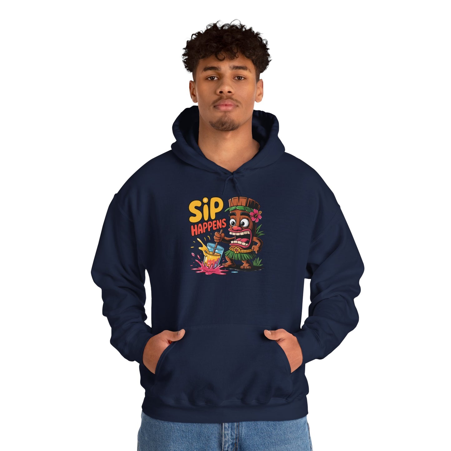 A young man stands with hands in his pockets, wearing the Sip Happens Hooded Sweatshirt—a navy blue unisex hoodie with colorful graphics, ideal for relaxed vibes and casual hangouts—set against a plain white background.