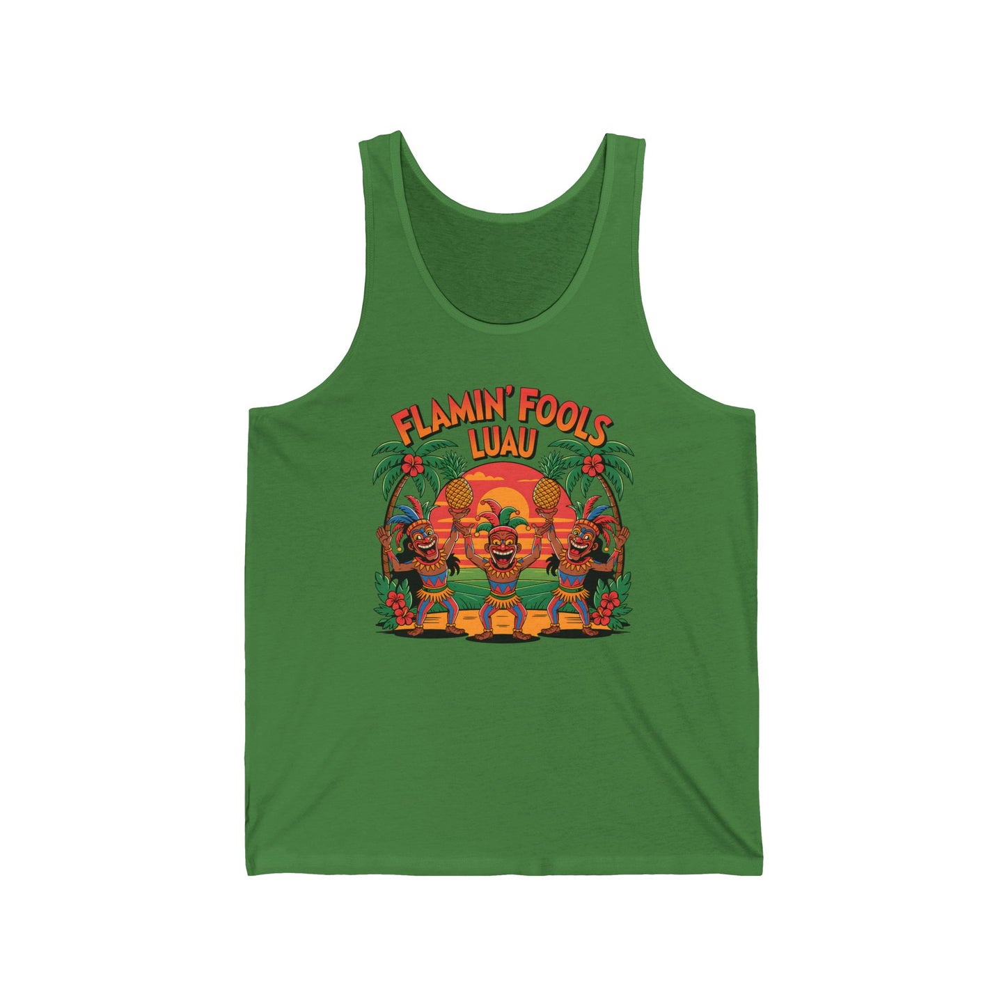 Add tropical flair to your summer with the Flamin Fools Luau Unisex Jersey Tiki Tank Top, featuring playful tiki characters and bold FLAMIN FOOLS LUAU text—perfect for beach outings and summer parties!.