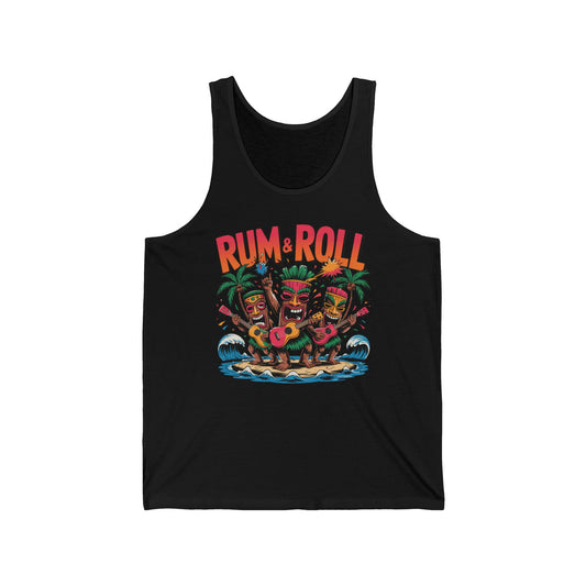 Add island vibes to your summer with the Tropical Rum & Roll Unisex Jersey Tiki Tank Top, featuring three tiki statues, palm trees, ocean waves, fireworks, and a bold RUM & ROLL graphic—perfect for parties and beach days.