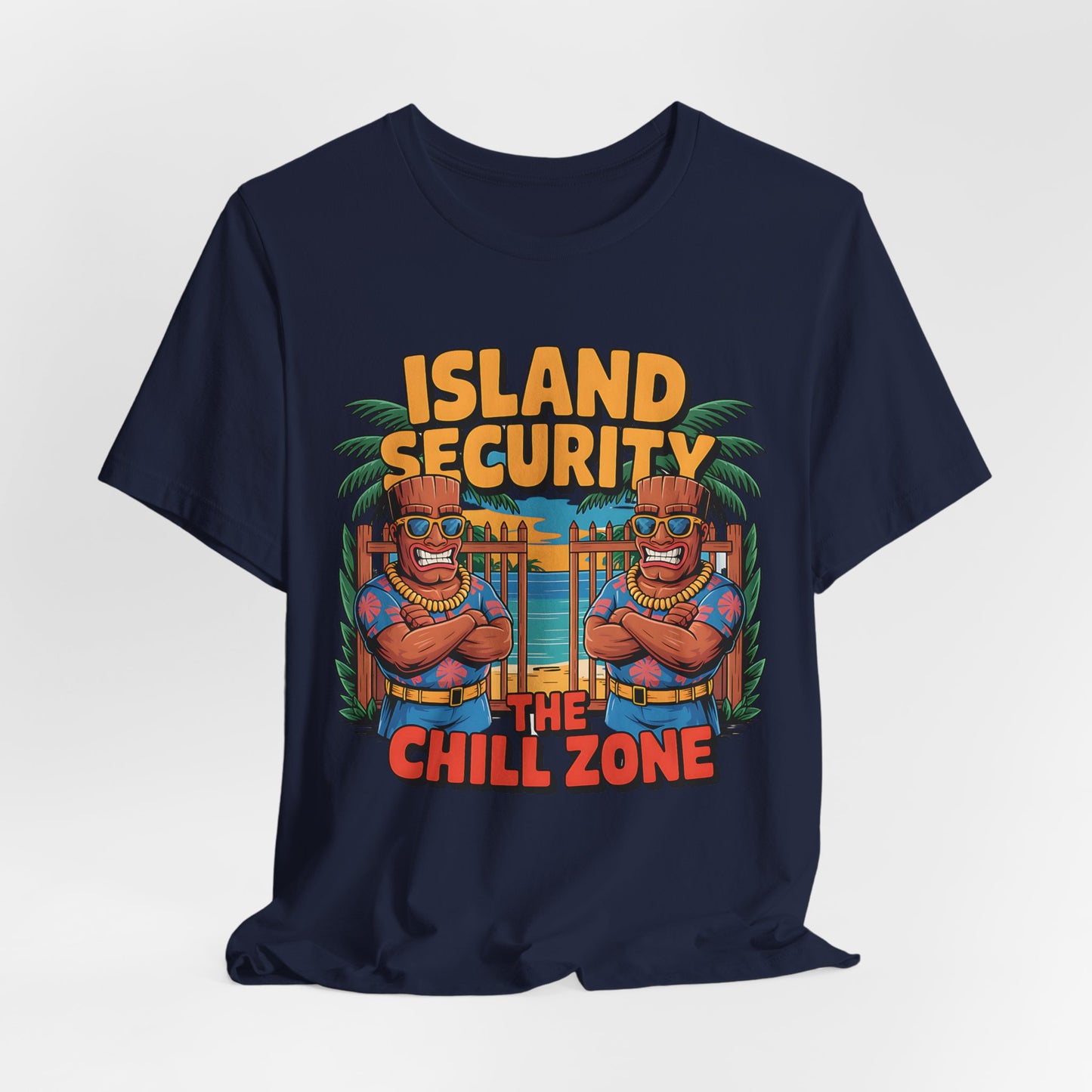 The Chill Zone Island Security Tiki T-Shirt - Unisex Jersey Short Sleeve features two muscular tiki statues in sunglasses, palm trees, and “Island Security The Chill Zone”—ideal casual beachwear with tropical vibes.