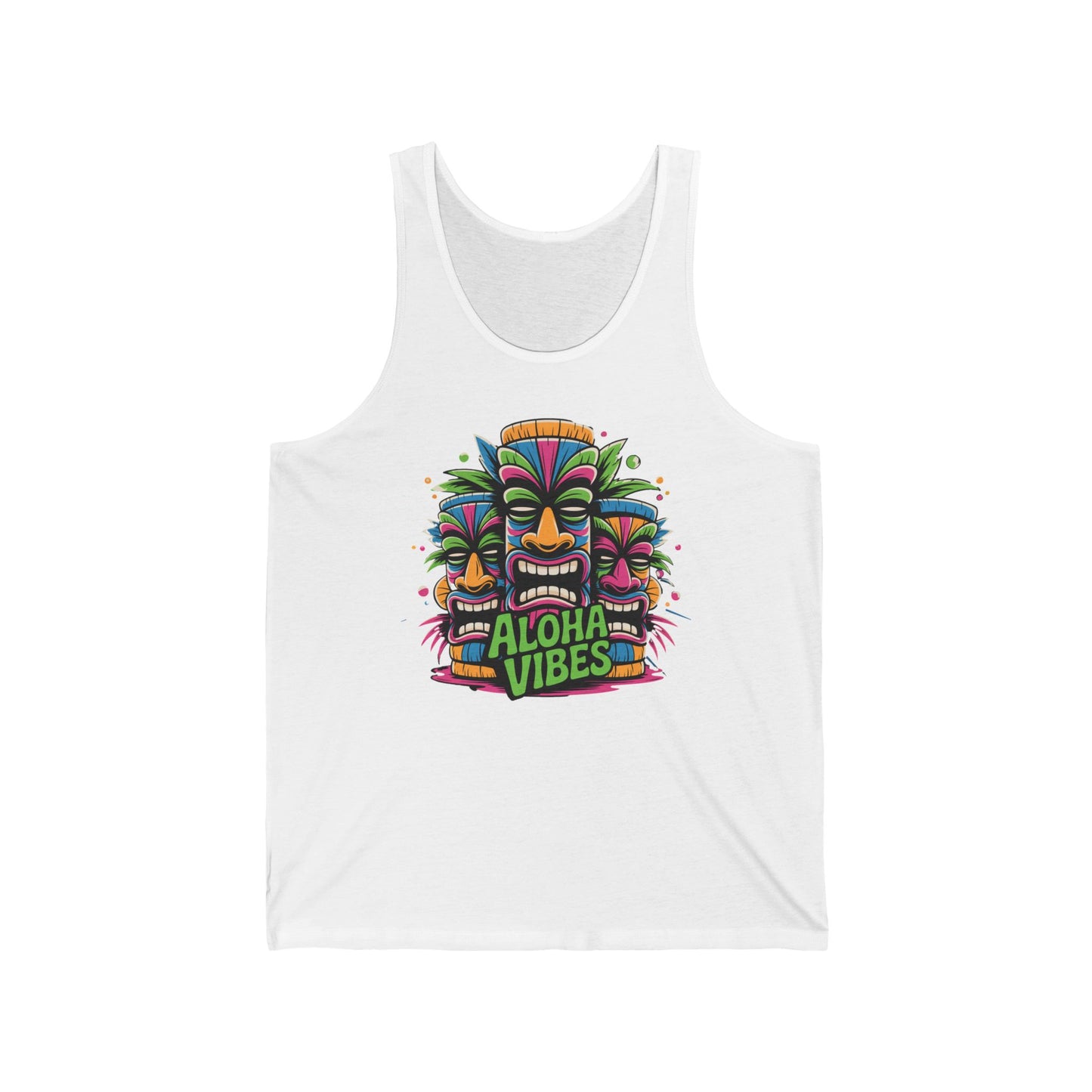 The Aloha Vibes Unisex Jersey Tiki Tank Top features a colorful three-tiki mask graphic with bold green Aloha Vibes text—perfect for beach outings or summer festivals in tropical summer style.