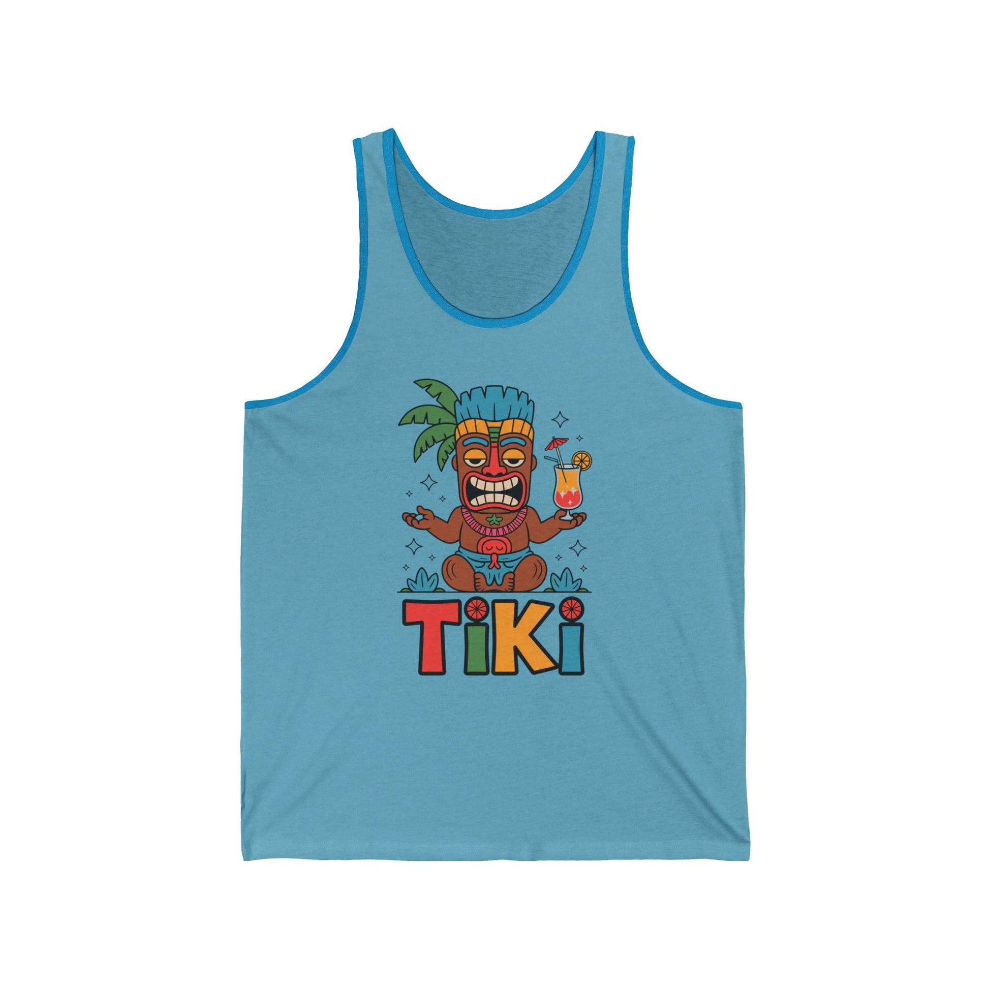 Tiki Themed Unisex Jersey Tiki Tank Top for Summer Parties & Beach Days featuring a colorful cartoon statue with a cocktail, palm trees, and bold TIKI—ideal for fans of tropical vibes.