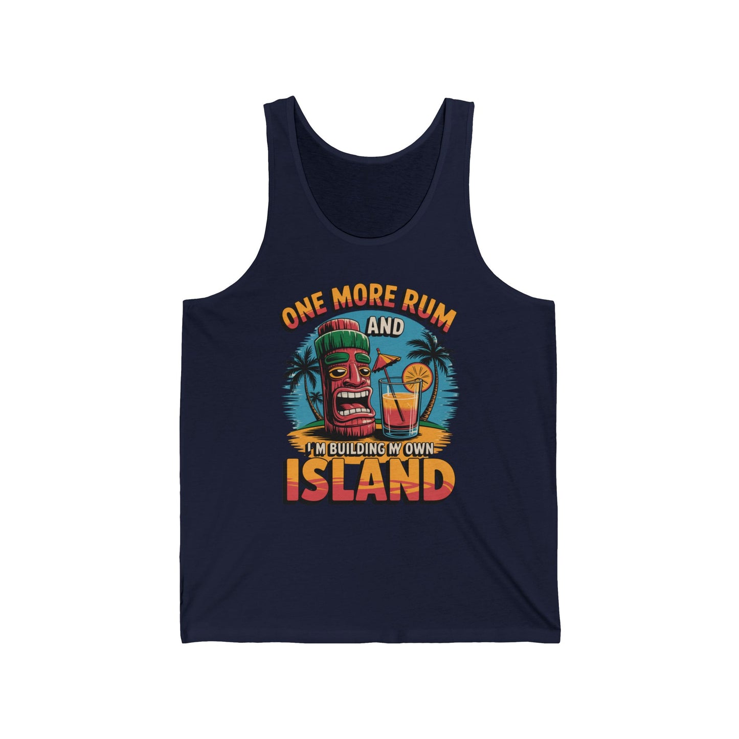Introducing the Tropical Building My Own Island Tank Top – Perfect for Summer Vacations and Beach Parties. This navy blue unisex jersey features a vibrant tiki, drink, palm tree design, and comfy lightweight fabric.