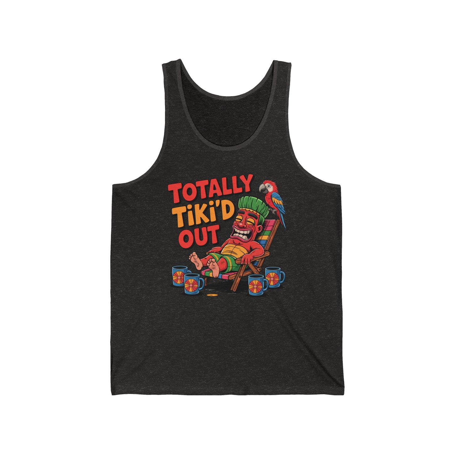 The Totally Tikid Out Unisex Jersey Tiki Tank Top features a relaxed tiki figure, tiki mugs, parrot, and bold “TOTALLY TIKI’D OUT” text—perfect for showing off your fun summer vibe at any celebration.