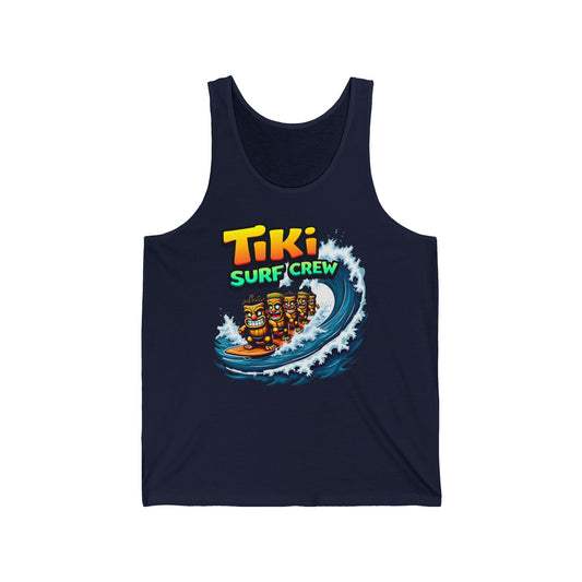 The Tiki Surf Crew Unisex Jersey Tiki Tank Top features four tiki figures surfing a wave under Tiki Surf Crew in bold colors—a vibrant, beach-ready tank perfect for summer fun.