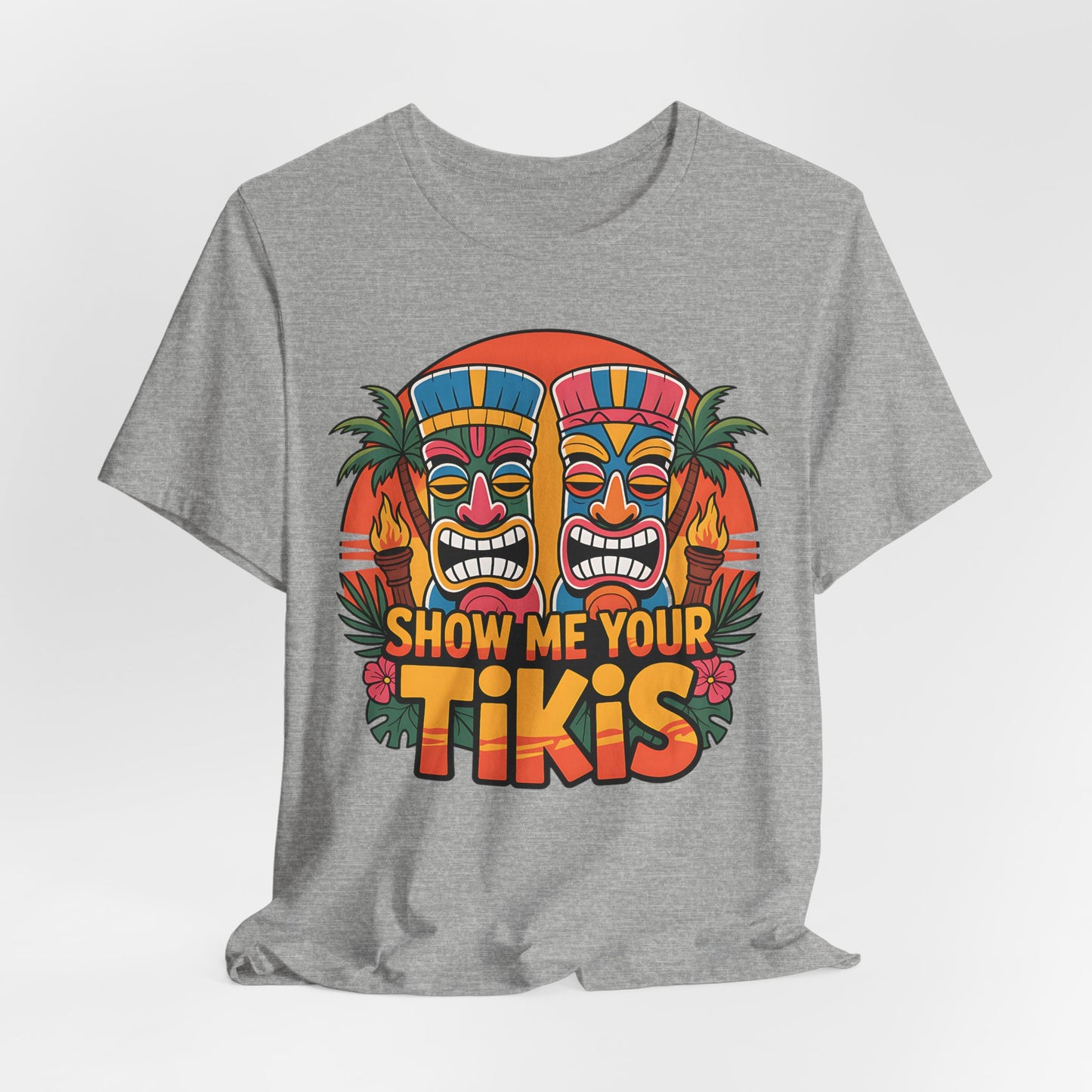 Gray t-shirt with colorful 'Show Me Your Tikis' design on a white background