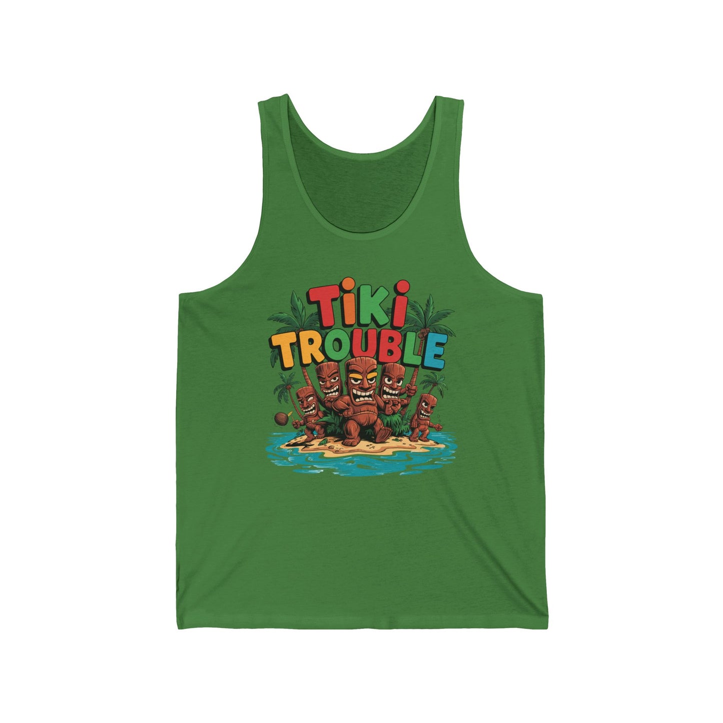 The Tiki Trouble Unisex Jersey Tiki Tank Top in green showcases four playful tiki statues on an island with palm trees and water, plus bold Tiki Trouble text—a perfect pick for summer vibes, beach adventures, or tropical-themed parties.