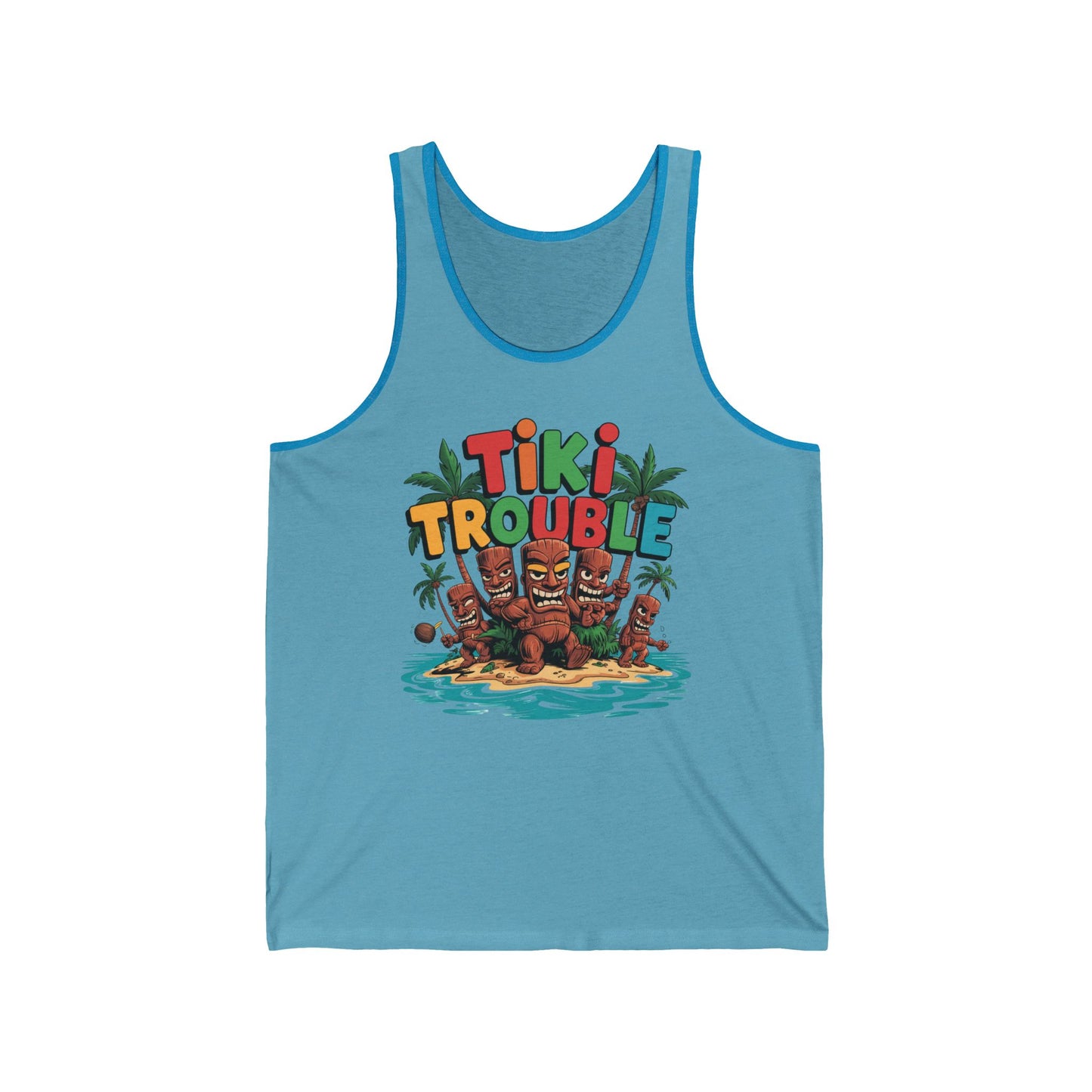 Perfect for summer vibes and beach adventures, the Tiki Trouble Unisex Jersey Tank Top features a light blue design with three tiki statues, palm trees, and water on a tropical island.