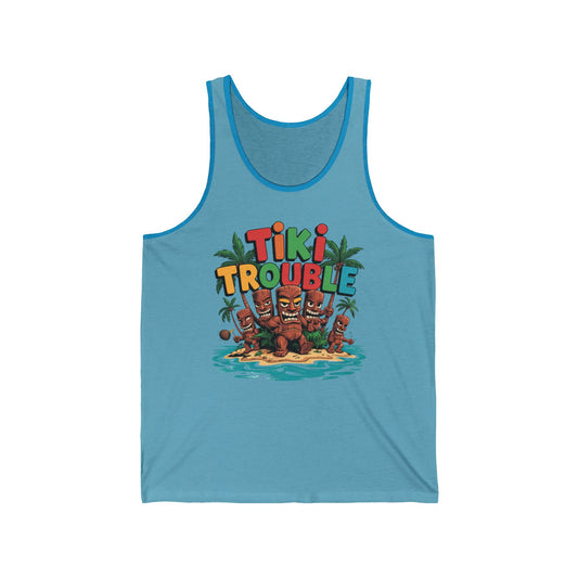 Perfect for summer vibes and beach adventures, the Tiki Trouble Unisex Jersey Tank Top features a light blue design with three tiki statues, palm trees, and water on a tropical island.