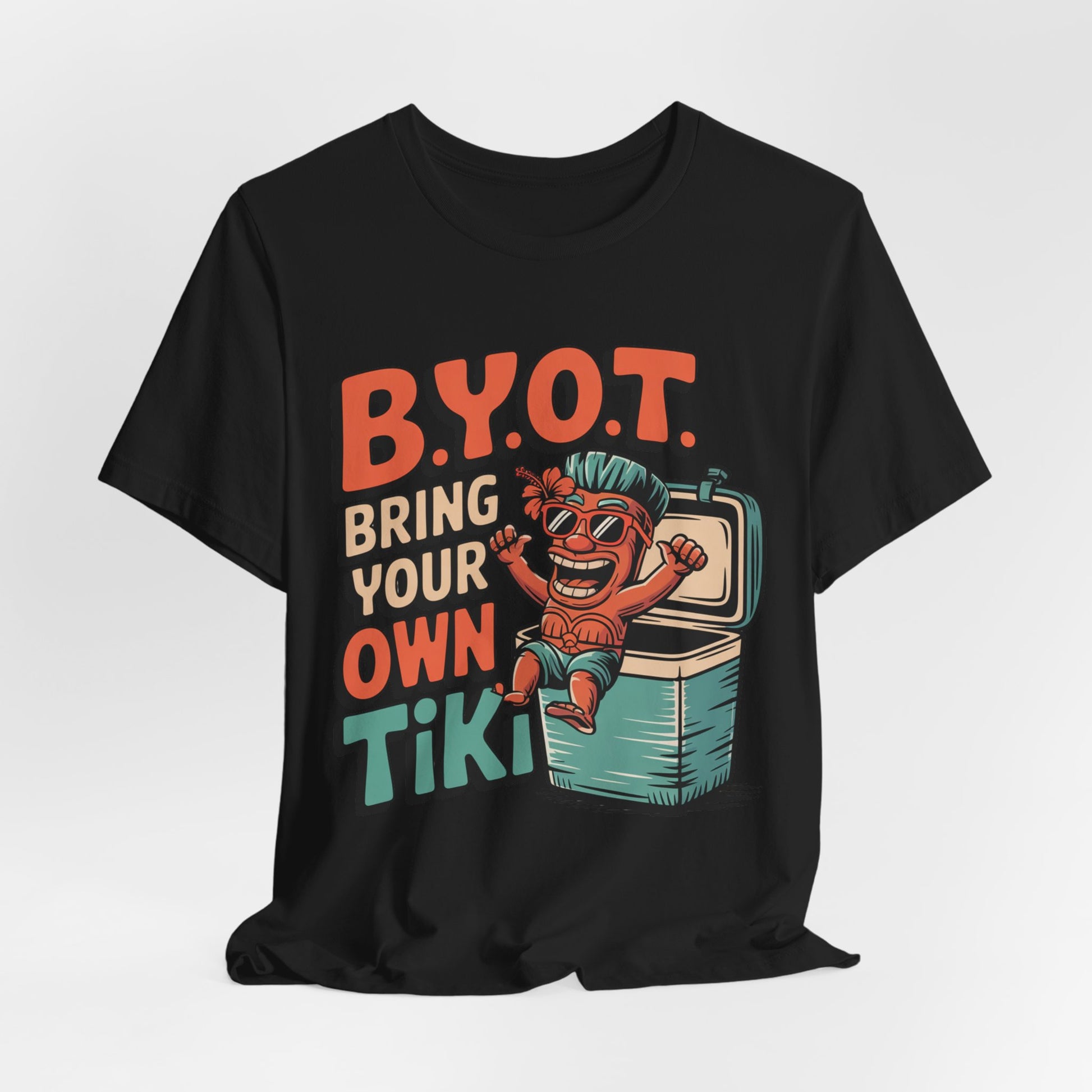 The Bring Your Own Tiki Short Sleeve Tiki T-Shirt is a black unisex jersey tee with a colorful cartoon tiki in a cooler and bold B.Y.O.T. text—made from soft Airlume combed cotton, perfect for lively summer parties.