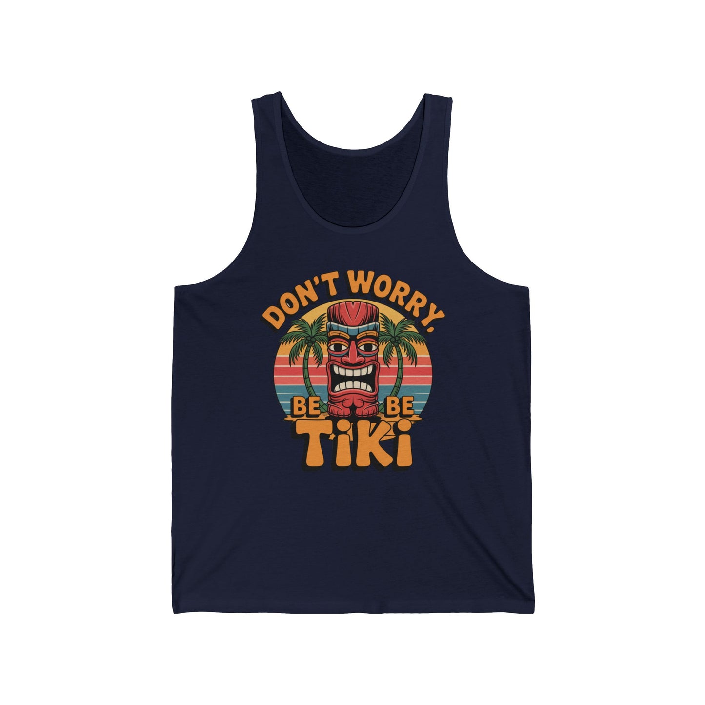The Tiki Vibe Tank Top in navy blue features a vibrant tiki mask, palm trees, and sunset with bold retro Don’t Worry, Be Tiki text—ideal for showing off your laid-back island style and beach culture love.