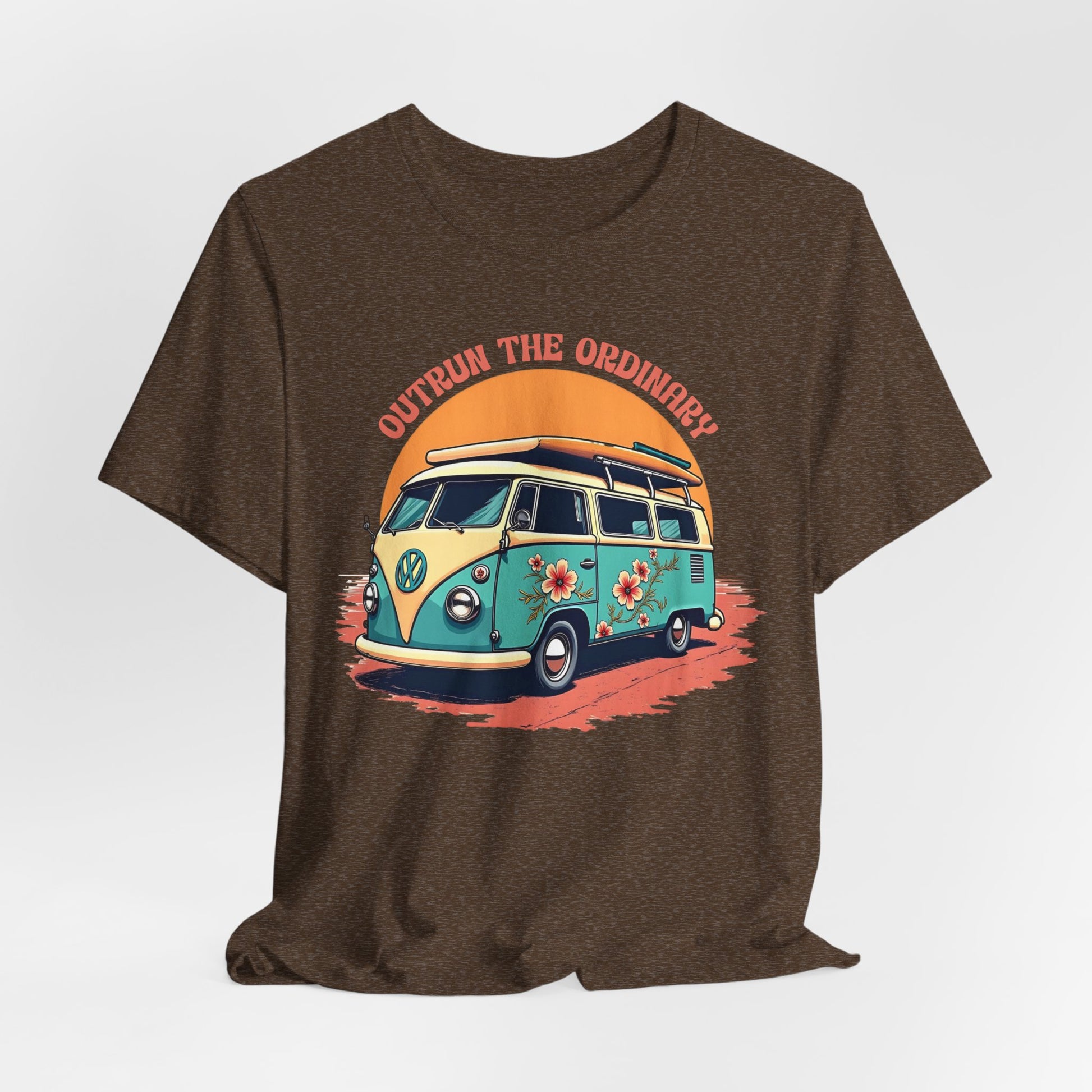 The Outrun the Ordinary Vintage VW Bus T-Shirt is a brown unisex jersey tee with a retro van, floral design, orange road, and “OUTRUN THE ORDINARY” curved text—crafted sustainably for comfort and style.