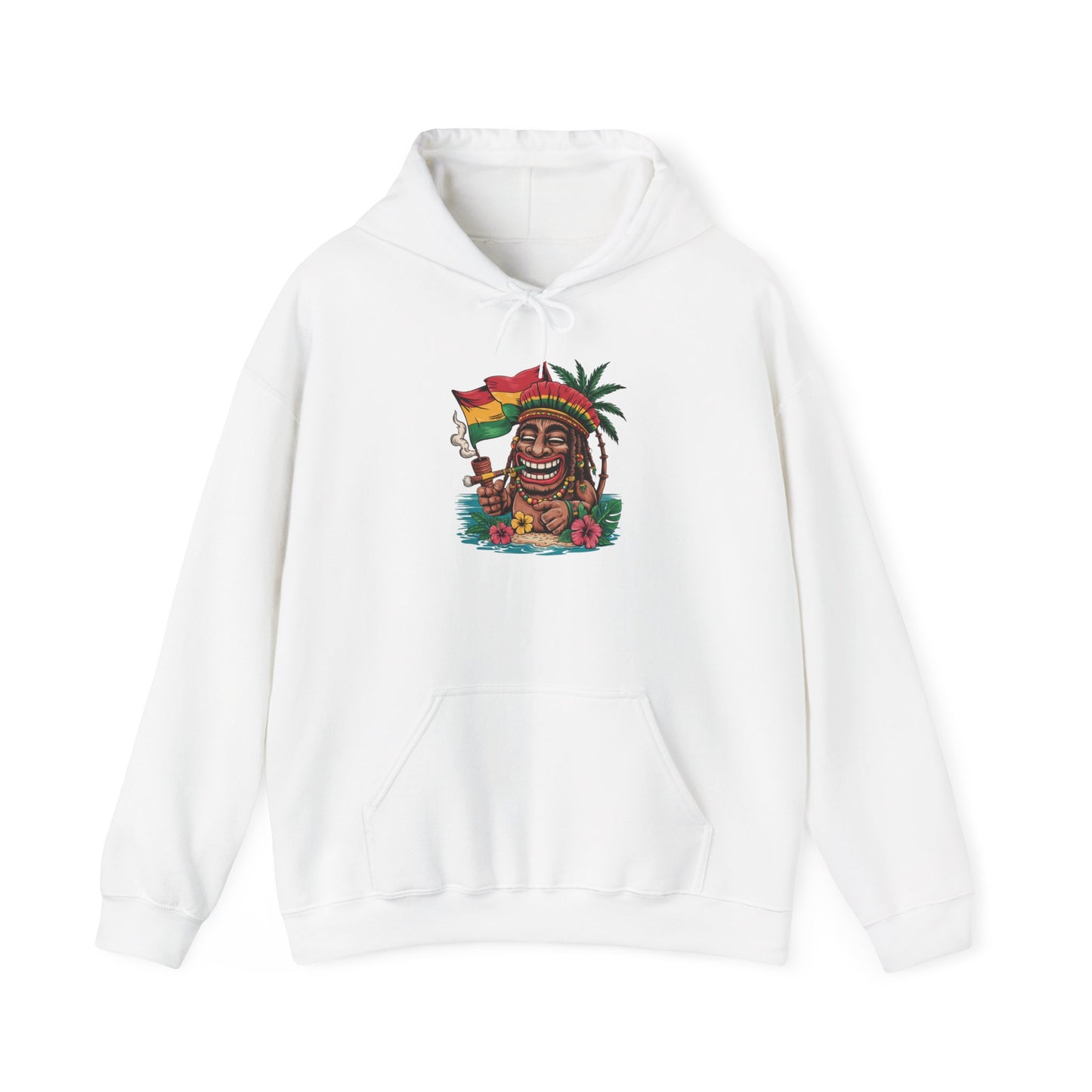 The Tropical Vibe Tiki Hoodie - Unisex Heavy Blend™ Hooded Sweatshirt features a smiling, dreadlocked character with a palm tree, flowers, and flag accents—ideal for bringing island vibes to any tropical-themed event.