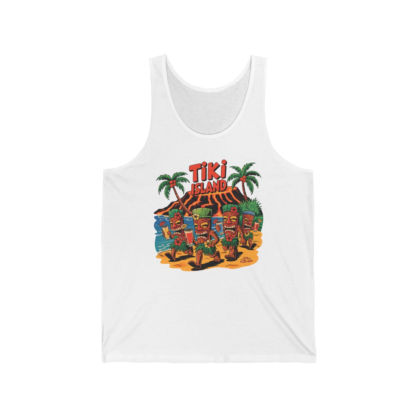 The Tiki Island Unisex Jersey Tiki Tank Top – Tropical Summer Vibe features cartoon tiki statues, palm trees, a beach scene, and bold red text—perfect for casual outings or adding a fun touch to your summer wardrobe.