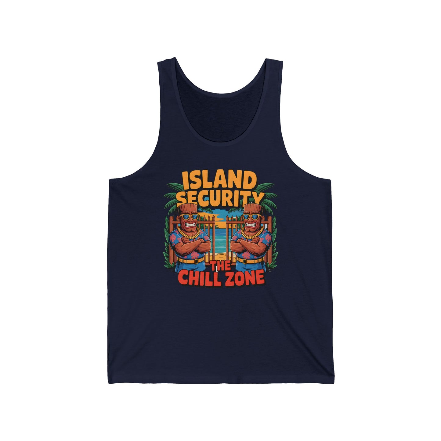 The Island Security Unisex Jersey Tiki Tank Top—made from soft Airlume cotton—features lounging cartoon dogs under palm trees and “Island Security - The Chill Zone” text, making it perfect for laid-back summer vibes.
