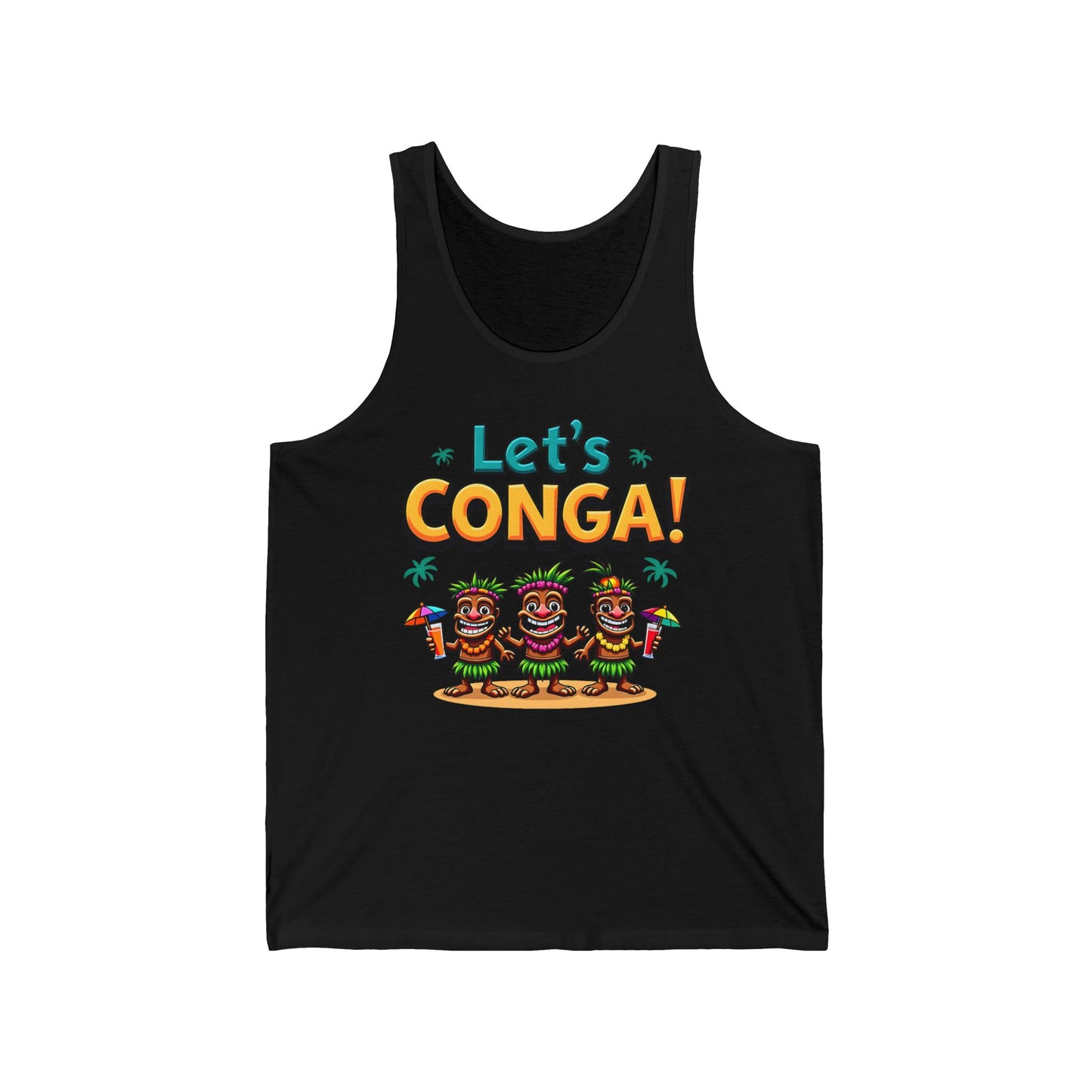 The Lets Conga! Unisex Jersey Tiki Tank features three cartoon characters dancing with maracas and drinks in grass skirts and leis, under colorful “Lets CONGA!” text with palm trees—a fun, tropical party top perfect for summer holidays.