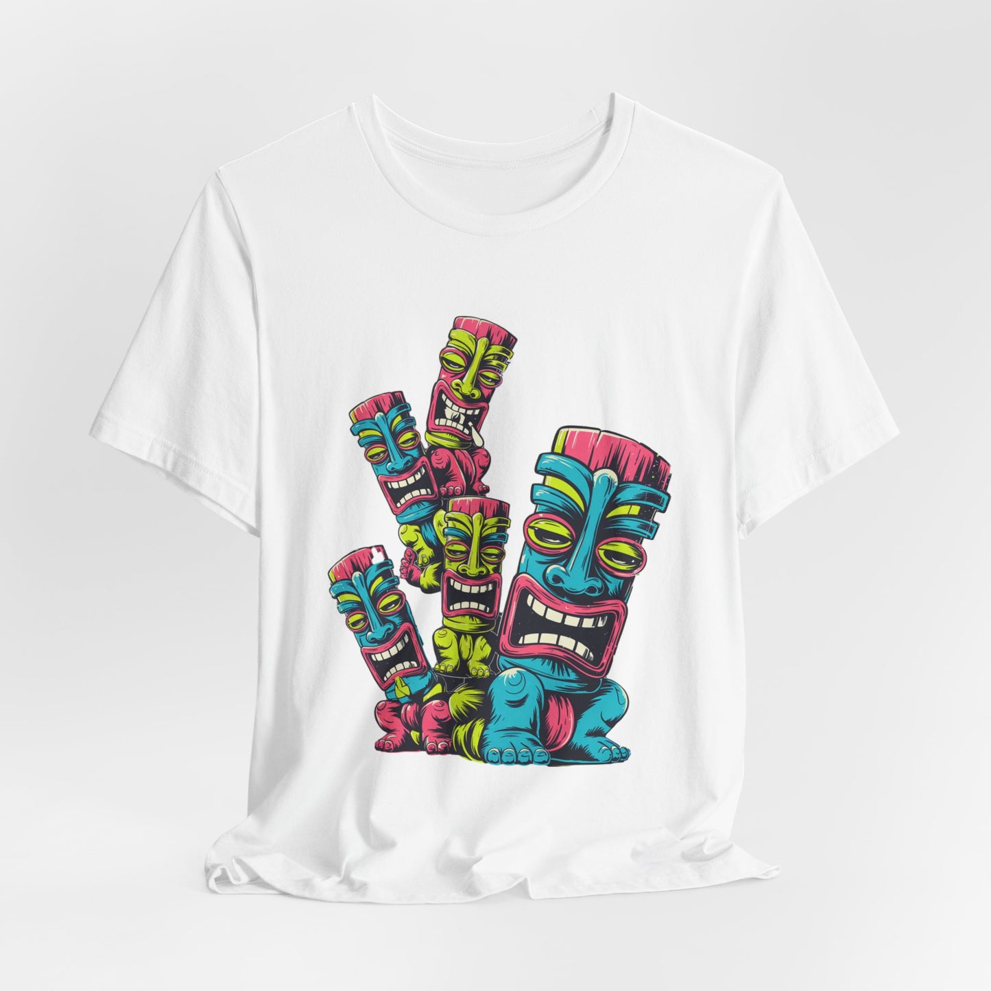 The Vibrant Tiki Art Unisex Jersey Tiki T-Shirt showcases a colorful DTG-printed graphic of five stacked tiki masks in blue, pink, yellow, and green on a white tee—perfect for fun, casual style.
