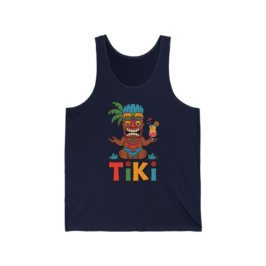 The Tiki Themed Unisex Jersey Tiki Tank Top for Summer Parties & Beach Days features a vibrant cartoon tiki with a drink, palm leaves, and bold multicolored TIKI lettering for a fun tropical look.