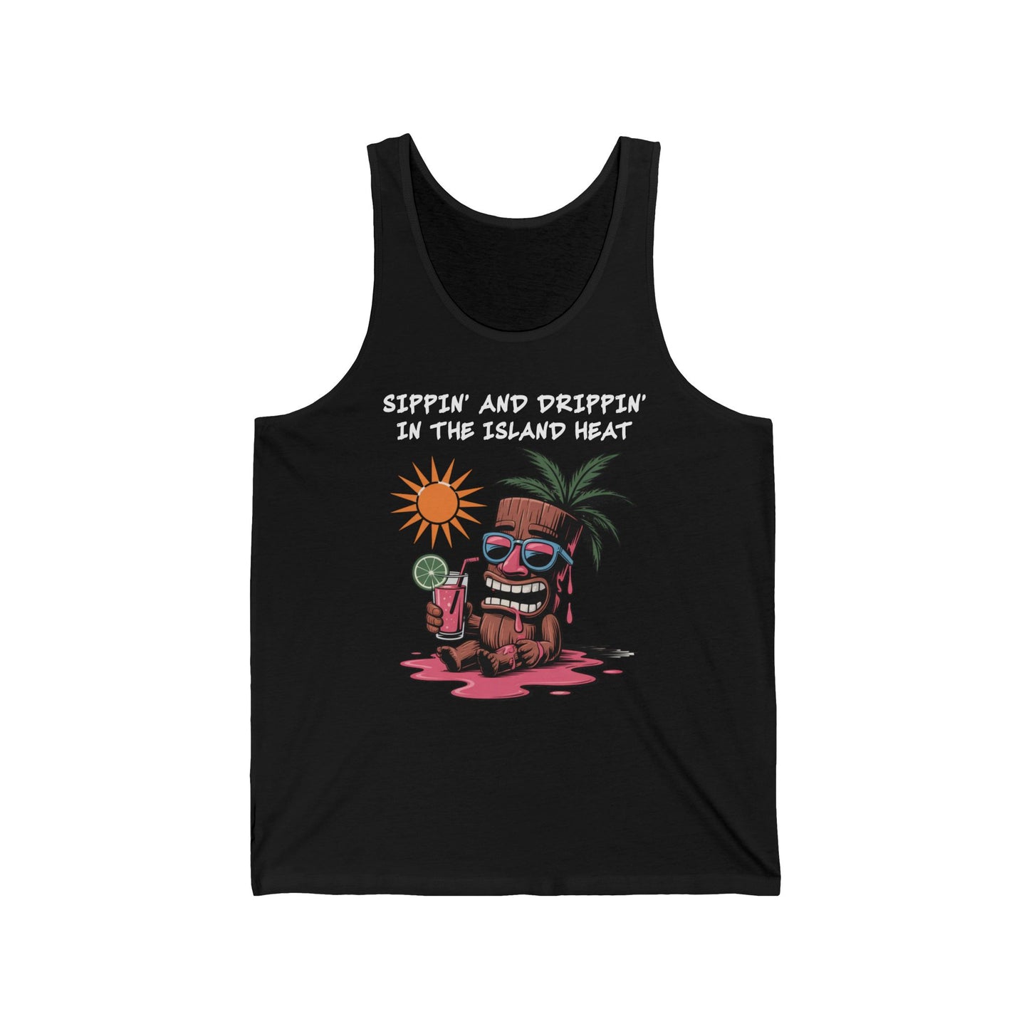 Tropical Vibes Tank Top - Sippin and Drippin in the Island Heat Unisex: Black jersey tank featuring a colorful tiki head with sunglasses, drink, sun, and palm tree—ideal for tropical getaways or summer parties.