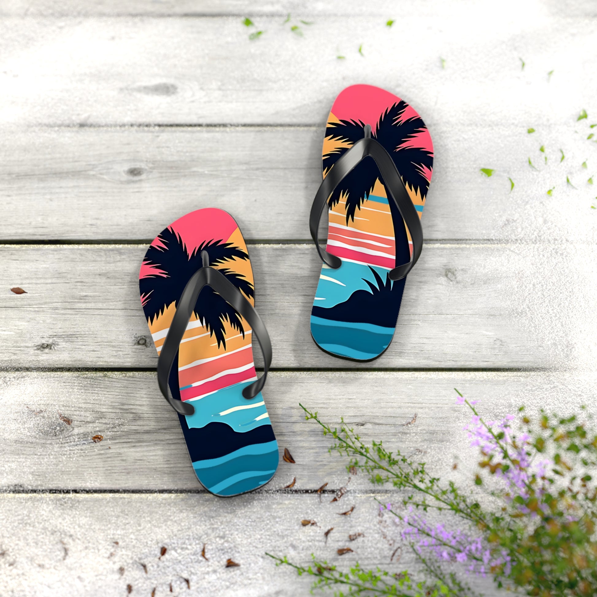 The Tropical Sunset Flip Flops | Beach Vibes Sandals feature a palm tree and ocean sunset design, resting on gray planks with green leaves and purple flowers in the corner—perfect for adding a summer vibe to your beach outfit.