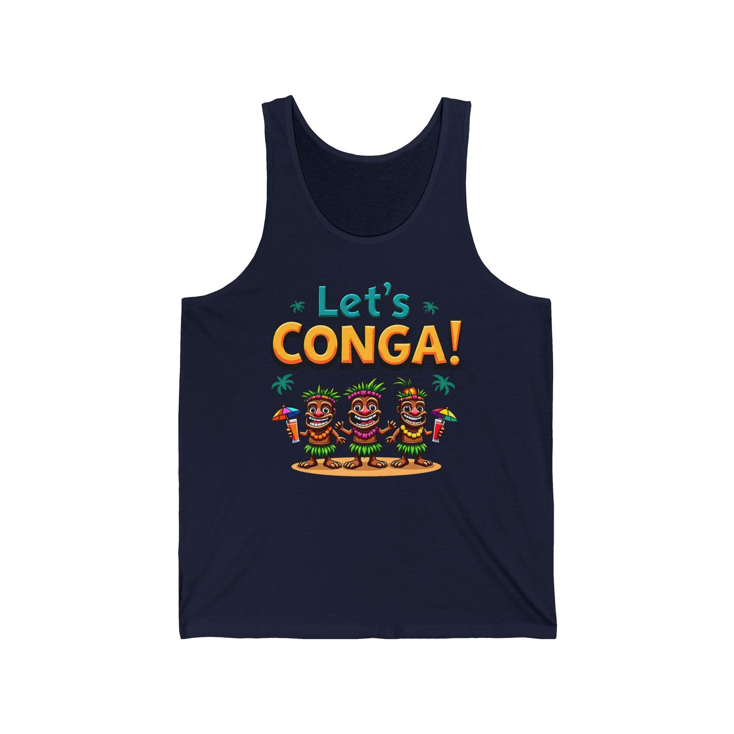 Lets Conga! Unisex Jersey Tiki Tank – Fun Tropical Party Top in navy blue, showcases vibrant cartoon characters dancing with tropical drinks, palm trees, and Lets CONGA! text—ideal for summer holidays and a lively island vibe.